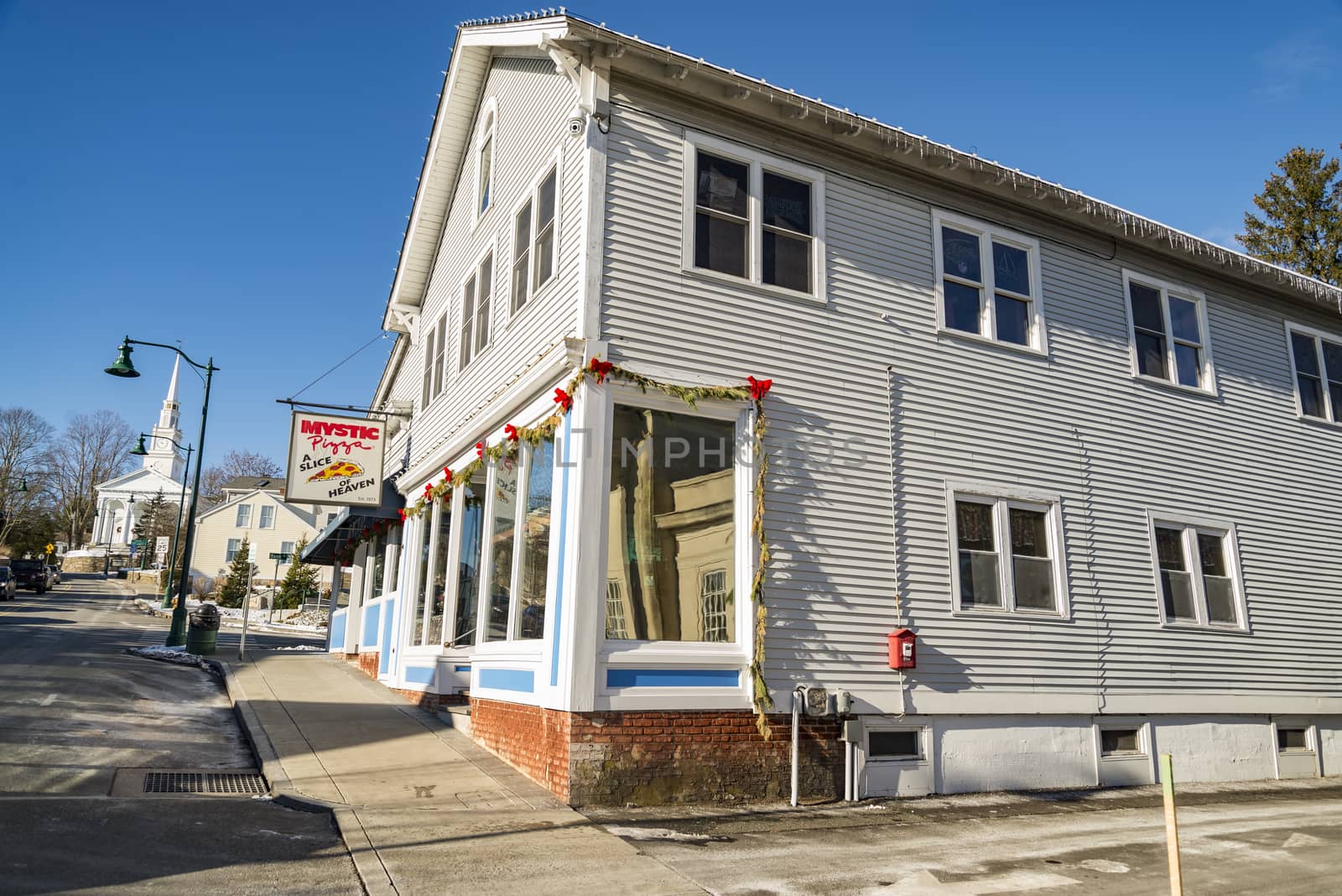 MYSTIC, CT - DECEMBER 17: Mystic Pizza in Connecticut, famous for the 1988 movie with Julia Roberts , located on the Mystic town, on December 17, 2017 in Mystic, CT USA