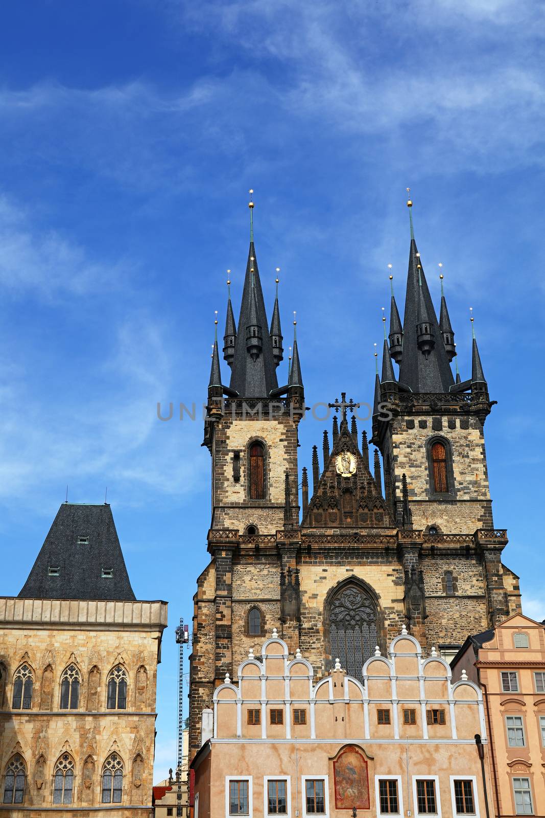 Low angle view of Cathedral of Our Lady before Tyn over clear blue sky, Prague, Czech Republic