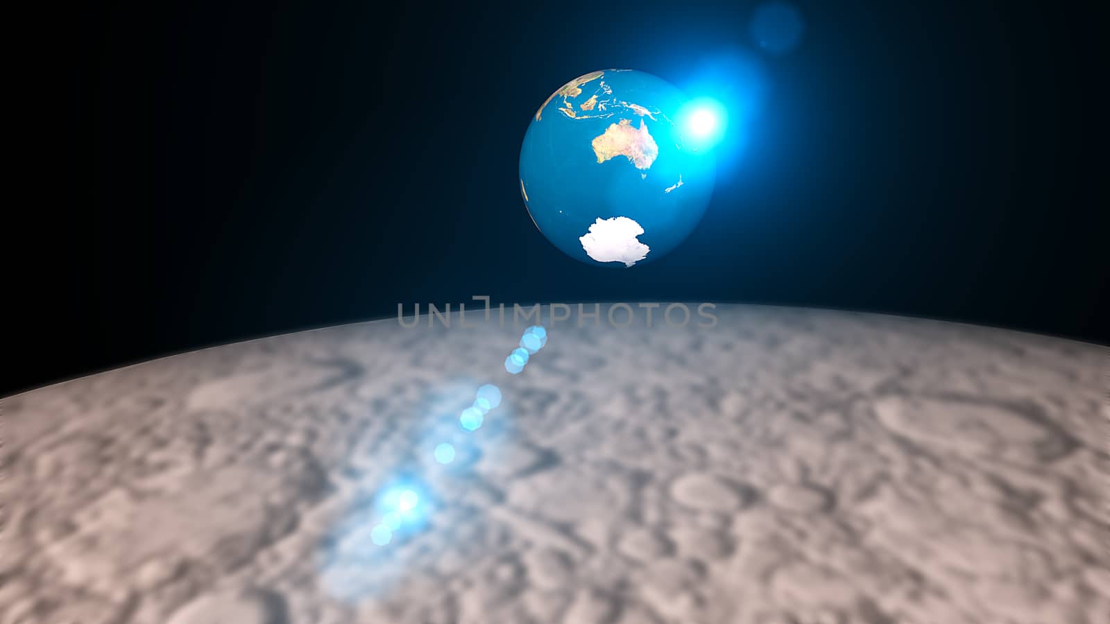 Abstract 3d rendering background with The rotation of the earth and flare. View from the moon. 3d rendering