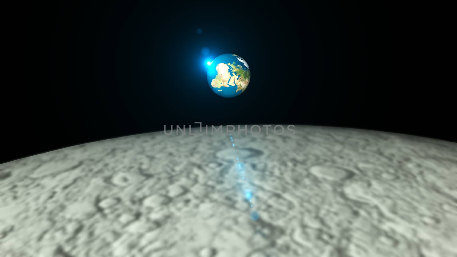 Abstract 3d rendering background with The rotation of the earth and flare. View from the moon. 3d rendering