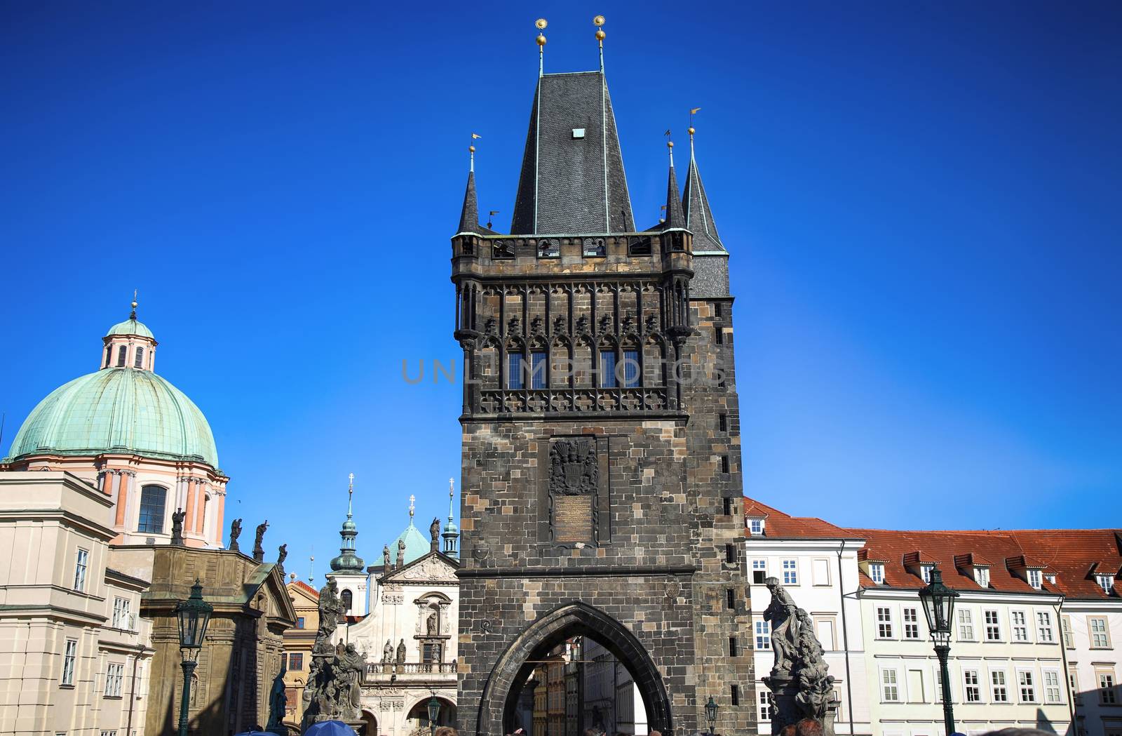 View of the Old Town Bridge Tower (Stare Mesto Tower) from the Charles Bridge (Karluv Most) in Prague, Czech Republic