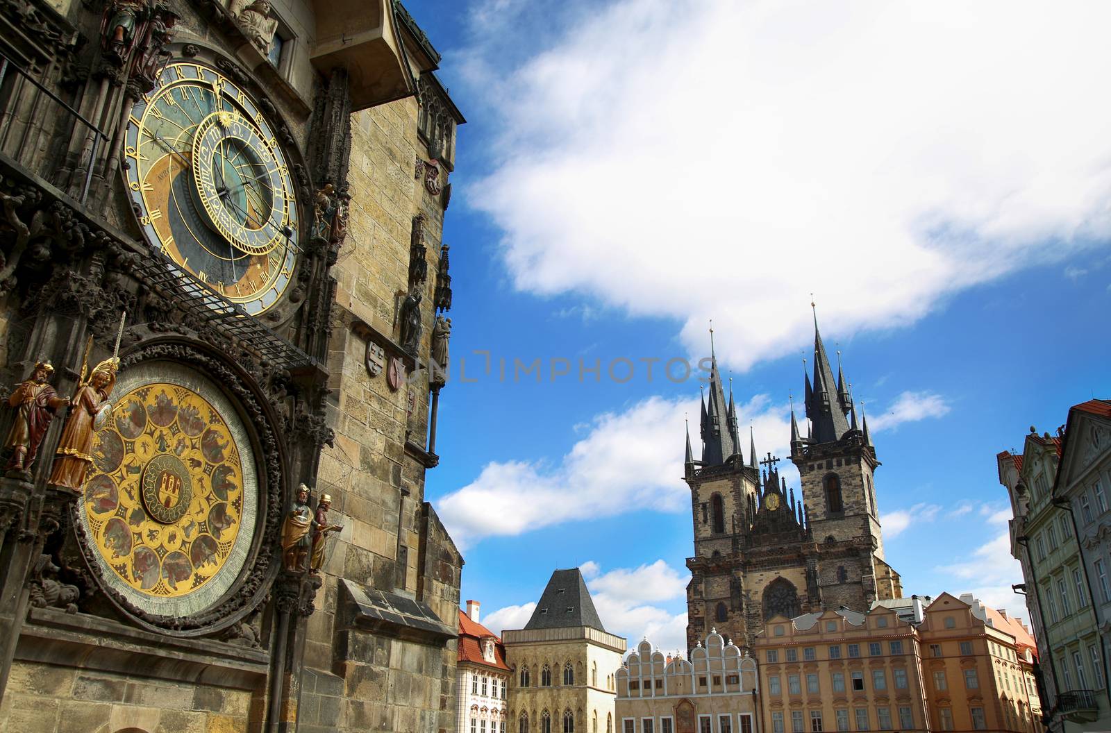 Famous Astronomical Clock Orloj and Church of our Lady Tyn in Prague, Czech Republic