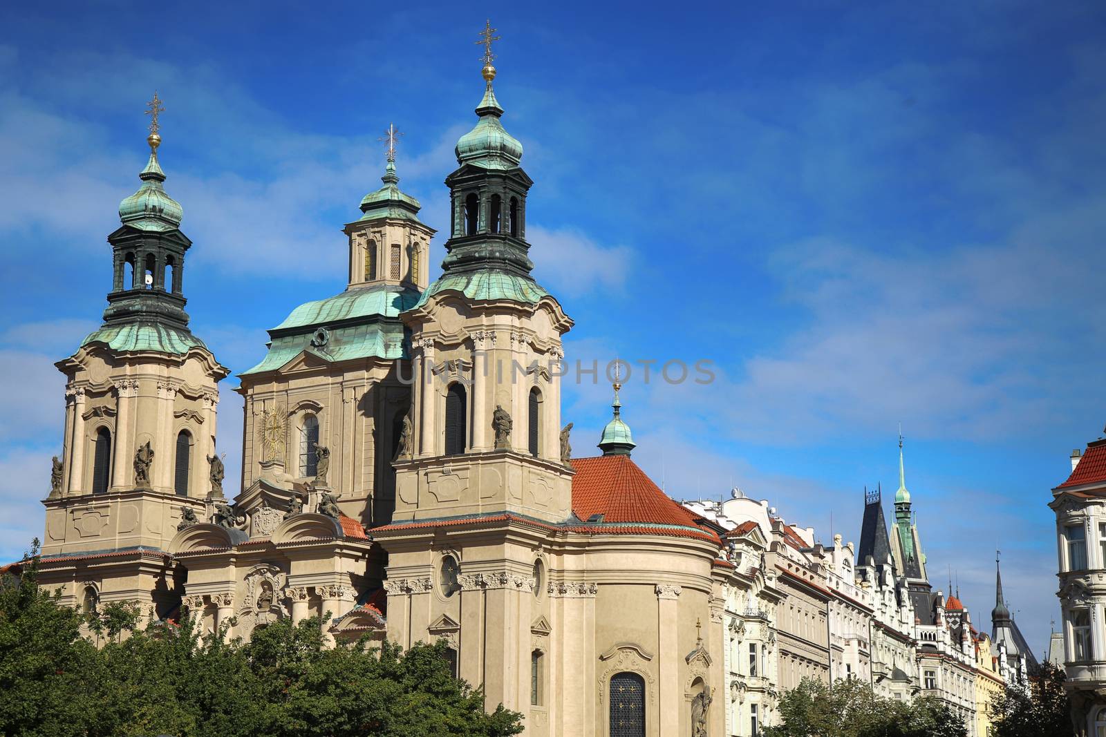 View of Cathedral of Saint Nicolas at the Old Town Square in Prague, Czech Republic