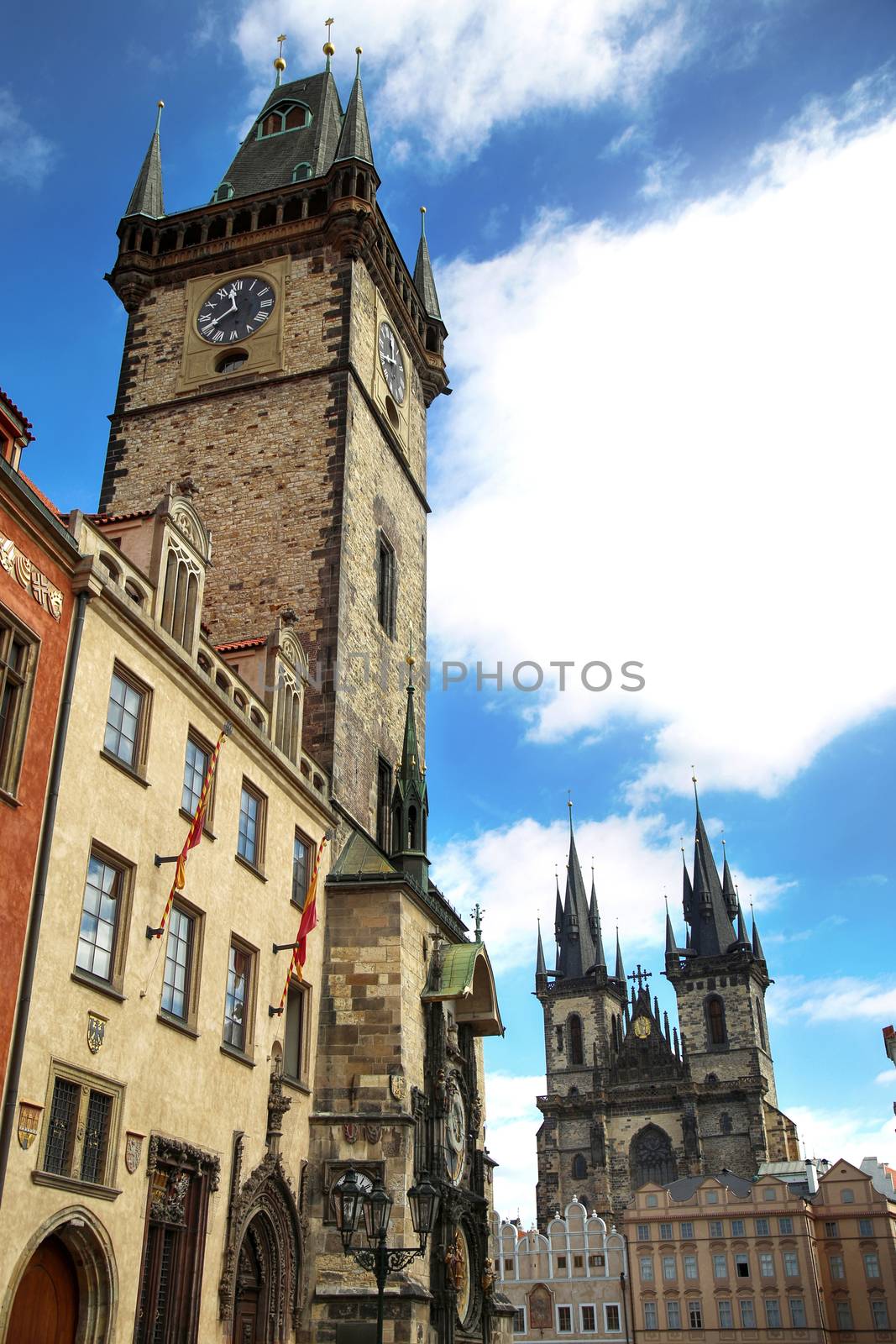 Famous Astronomical Clock Orloj and Church of our Lady Tyn in Prague, Czech Republic