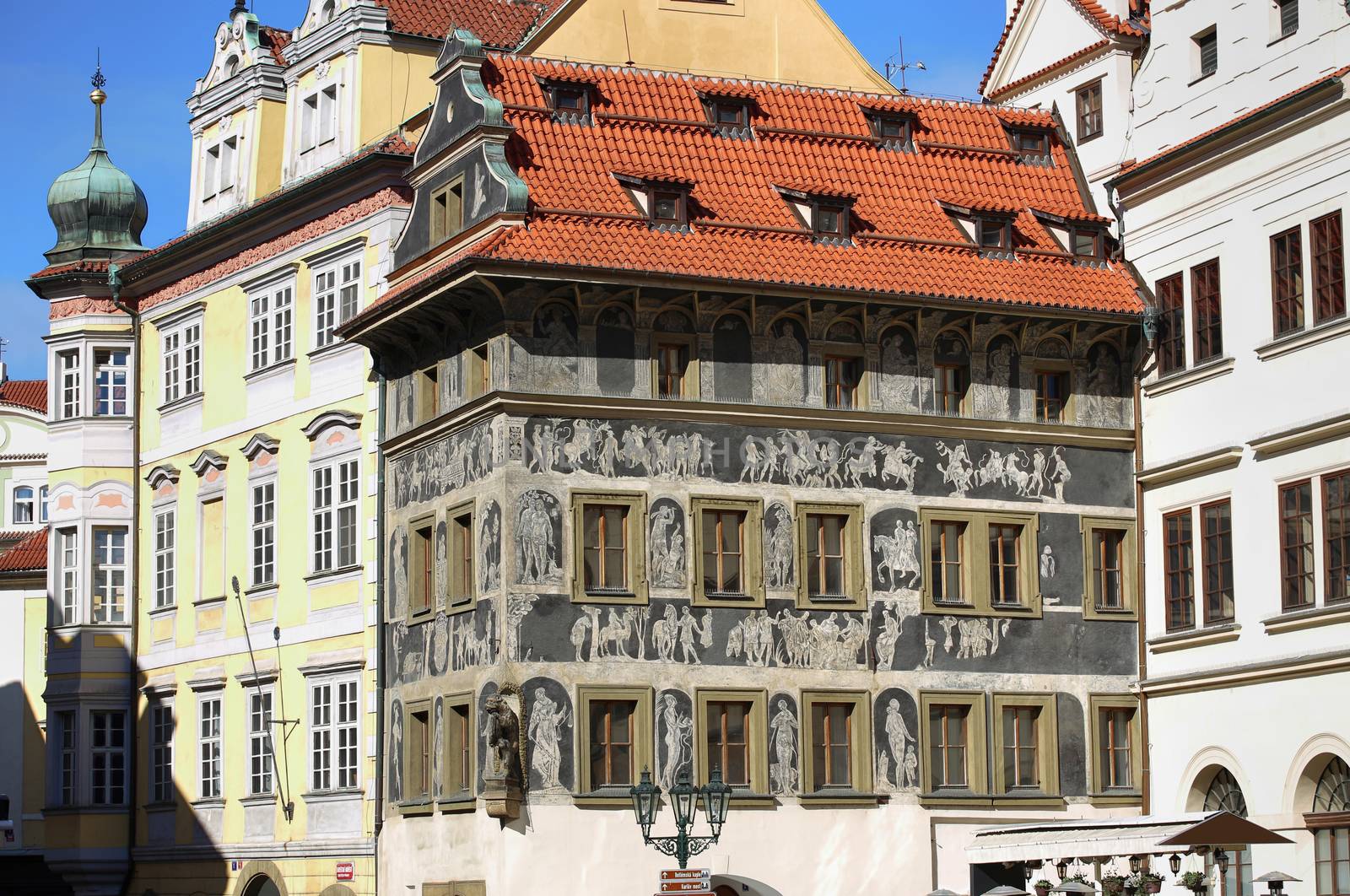 Renaissance "House under a minute" (dum U minuty), decorated with technique sgraffiti scenes from Greek mythology on Old Town Square in Prague, Czech Republic