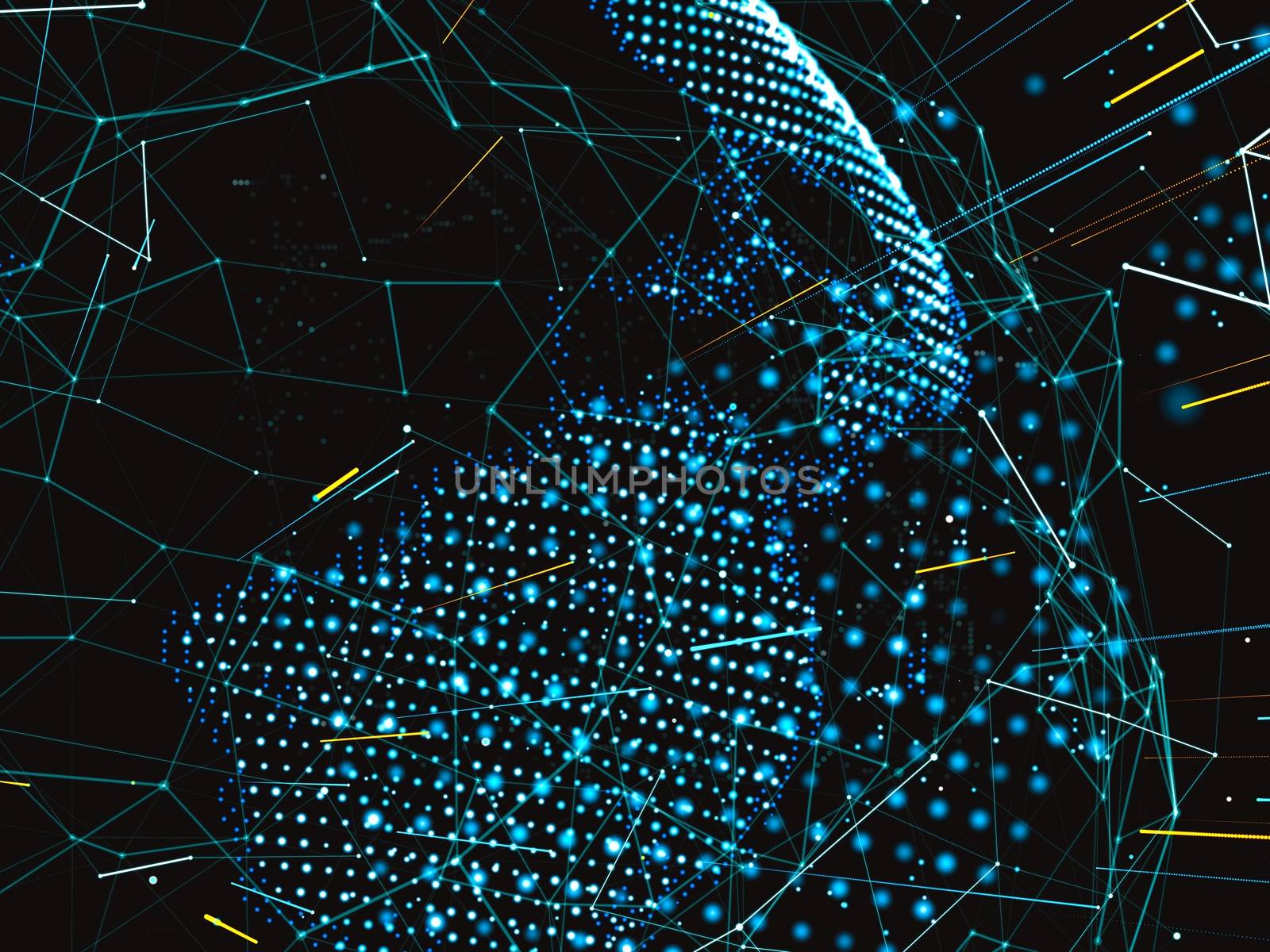 The concept of a modern digital world connected by Internet communications, payments, social networks. The world map and lines connect to the network. 3d illustration