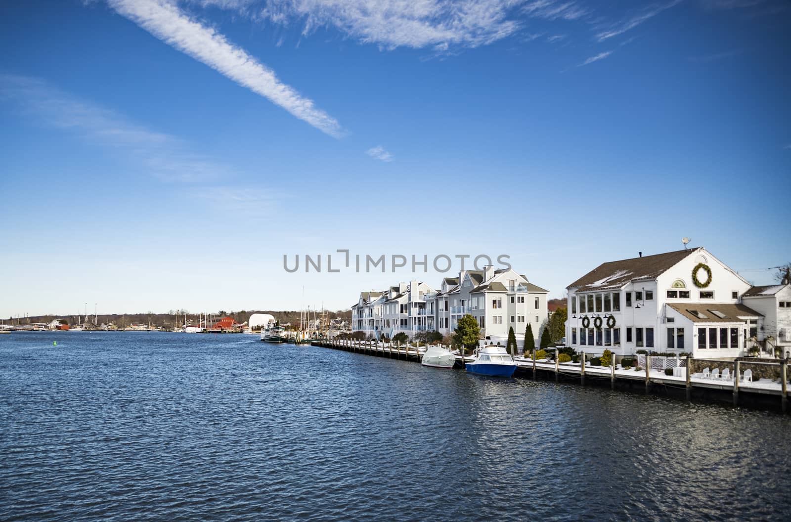 View of Mystic, Connecticut. The village is located on the Mystic River, which flows into Long Island Sound, providing access to the sea.