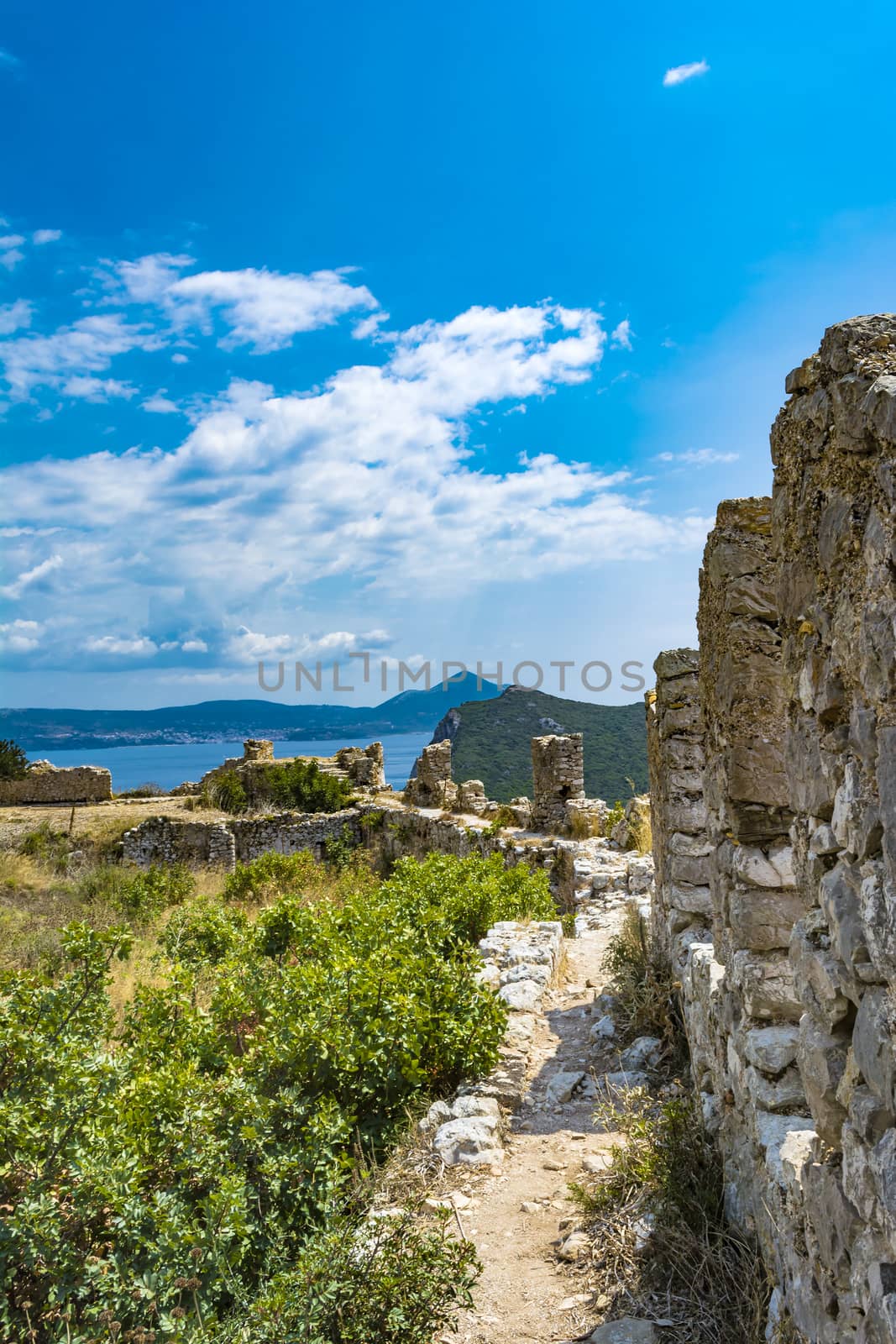 View of Palaiokastro castle of ancient Pylos. Greece. Palaiokastro was built in the 13th century A.D. by the Franks.