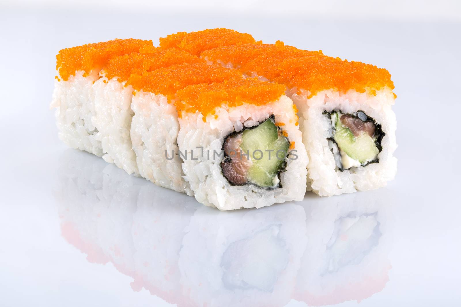 Roll the delicious sushi on a white background.