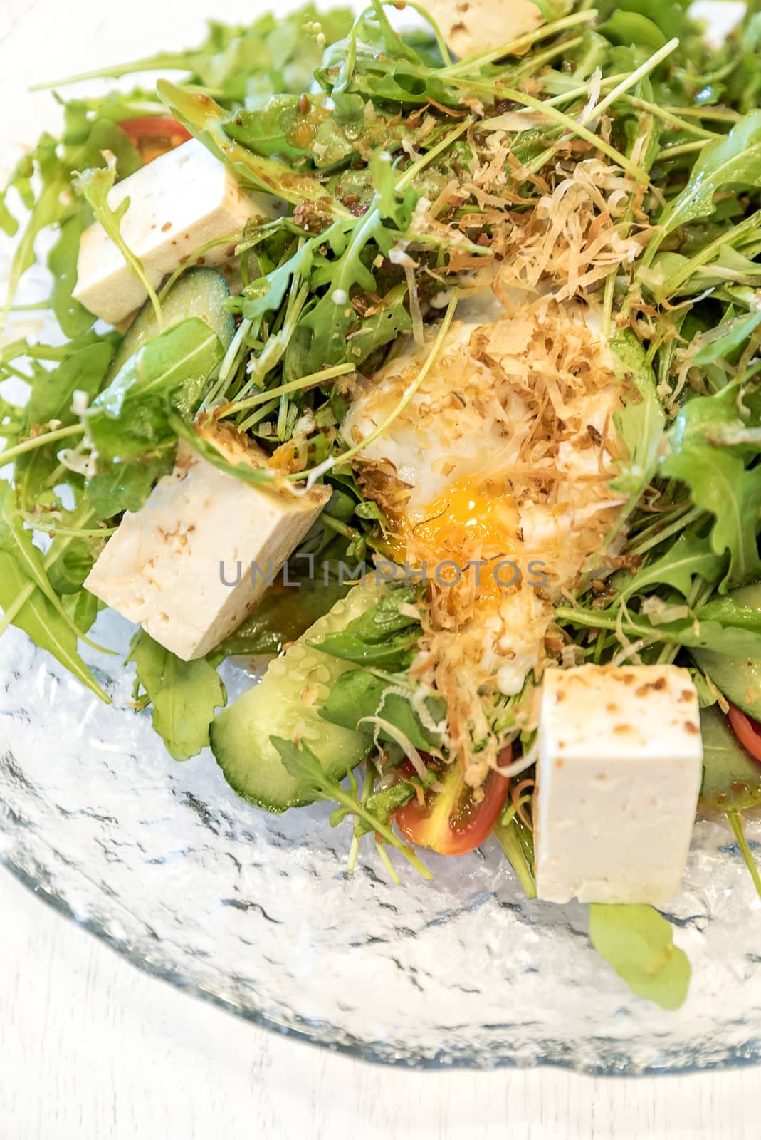 Tofu Salad with Arugula and onsen egg