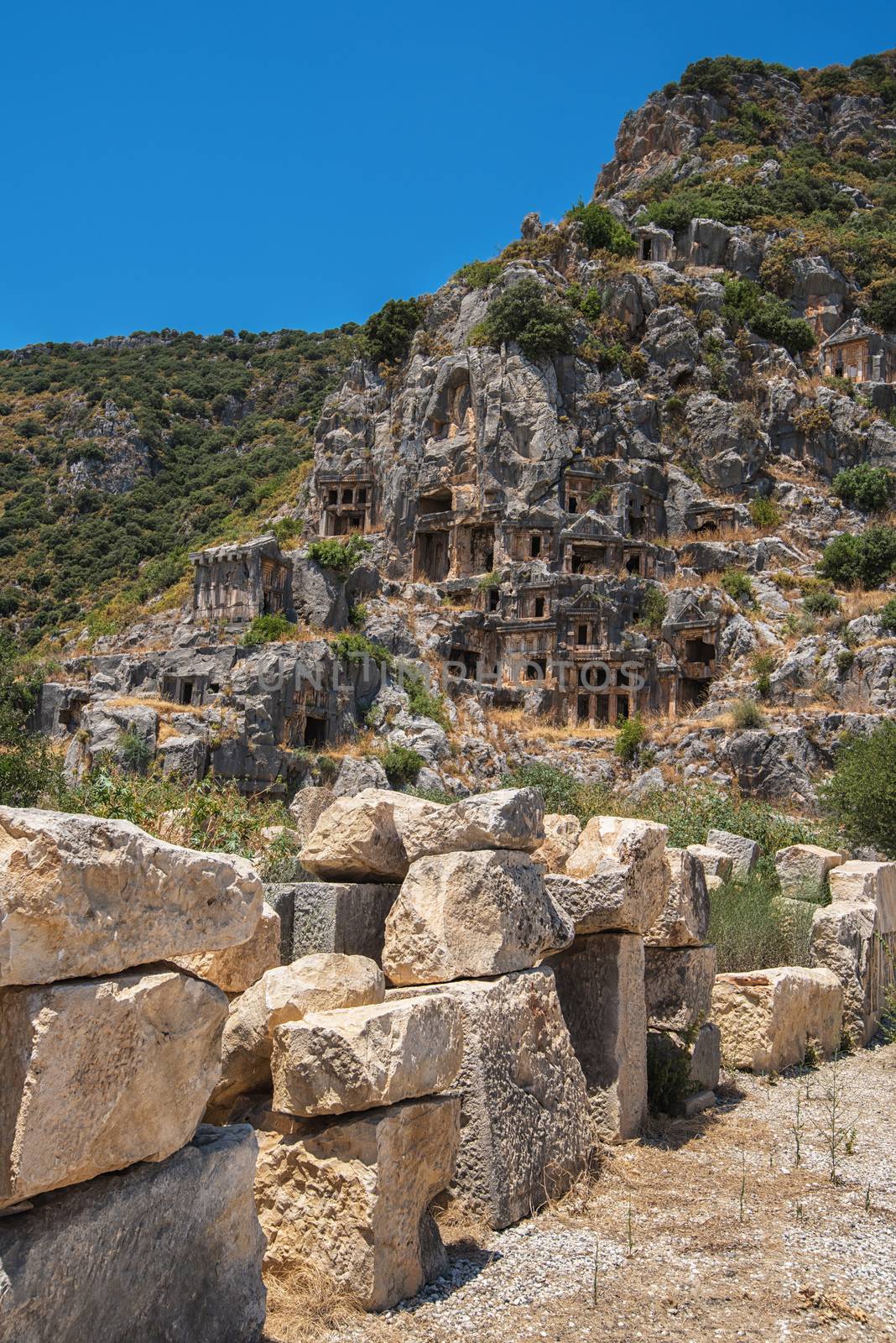 Ancient lycian Myra rock tomb ruins at Turkey Demre