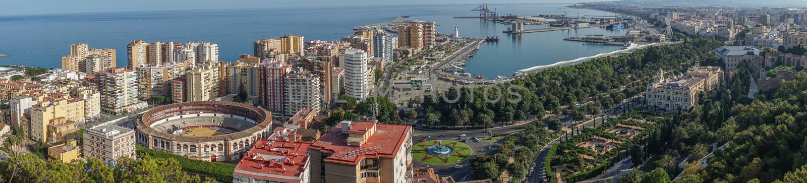 Panorama City skyline and harbour, sea port, bullring of Malaga  by ramana16