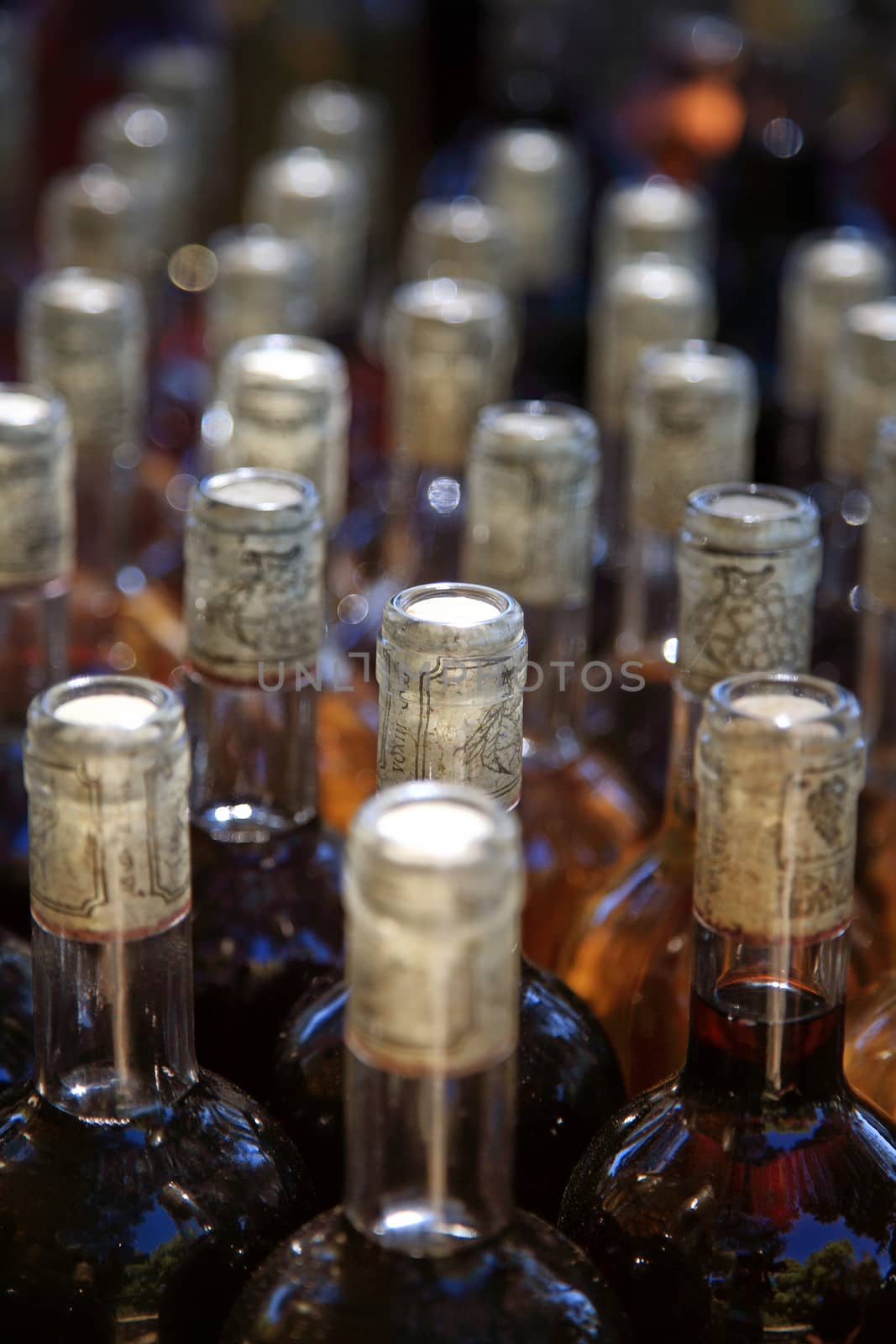 close up of bottles with wine  