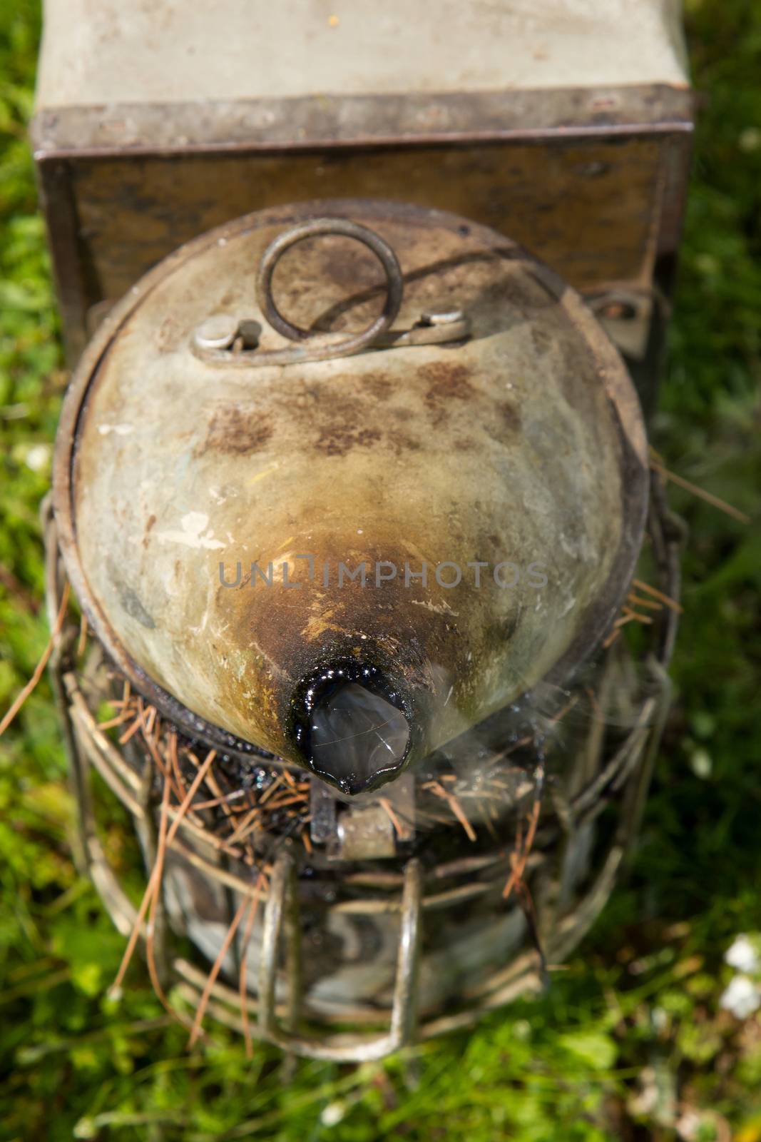 closeup of bee smoker with smoke in the grass