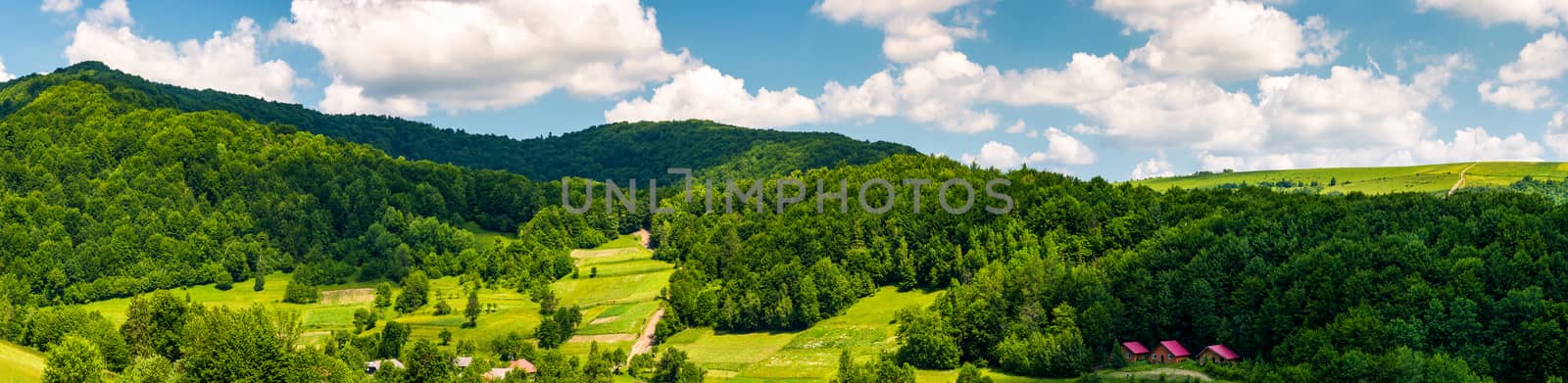 panorama of mountainous rural area in summer. beautiful landscape of the forested hill and village in the valley. agricultural fields on grassy slopes under the cloudy sky
