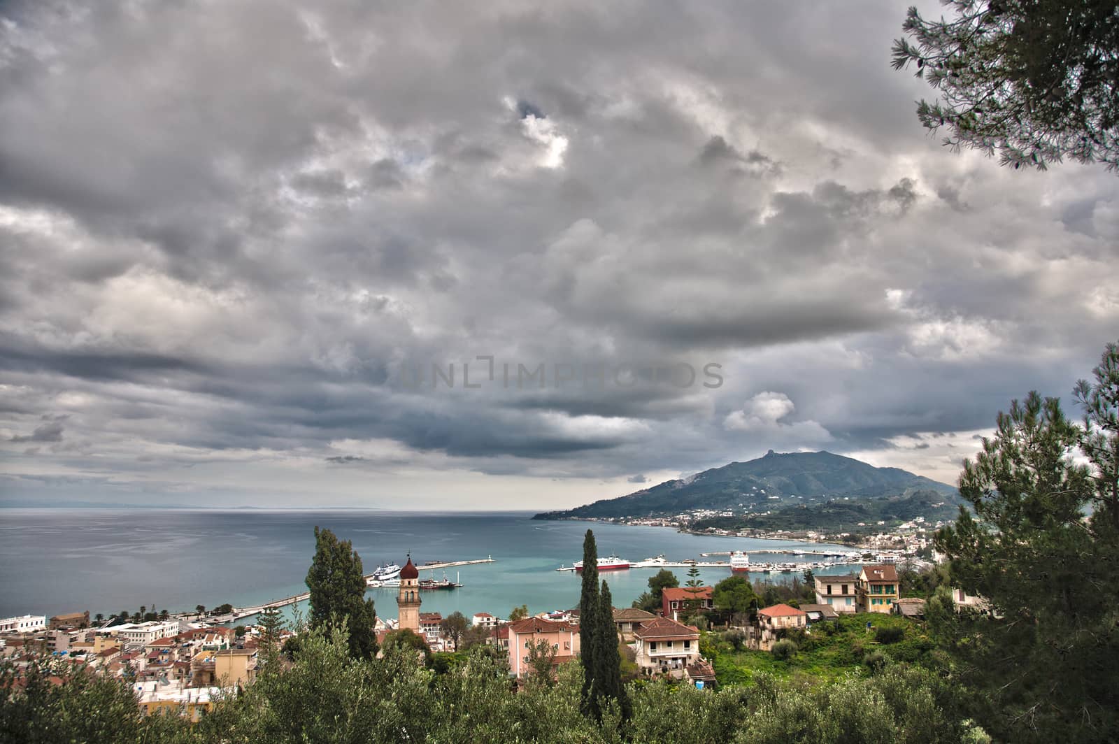 panoramic view of the city  of zante island with the port and the ionian sea 