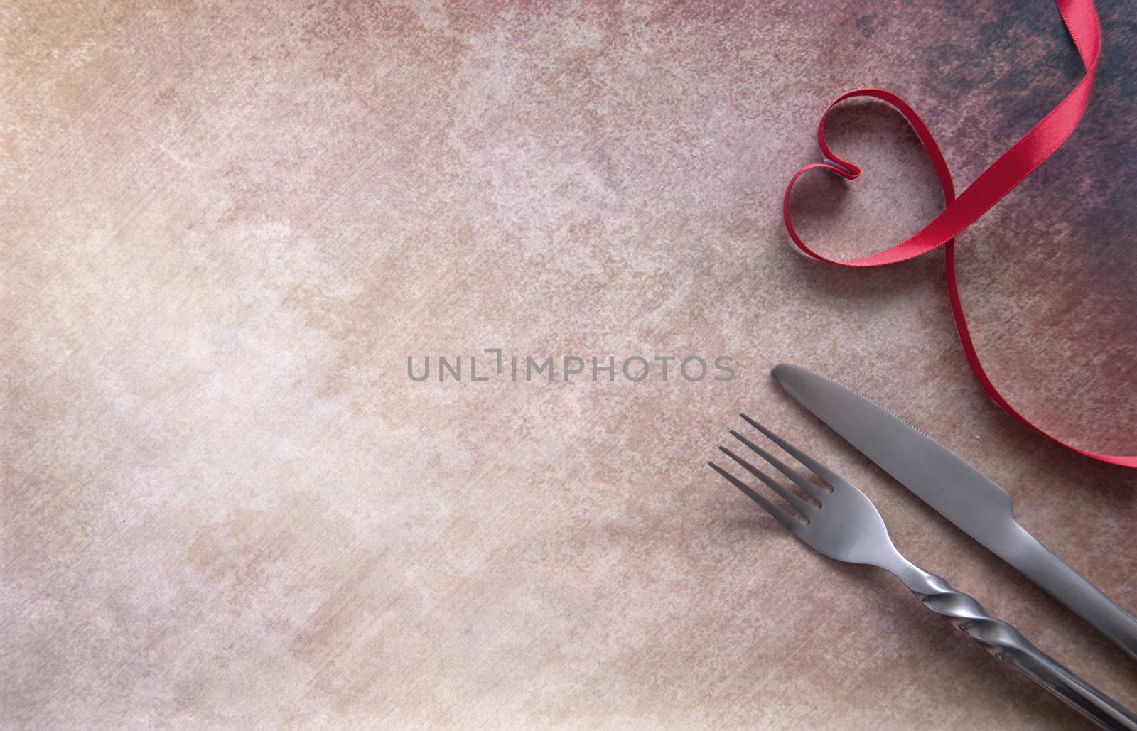 Heart shape satin ribbon with fork and knife and space for text 