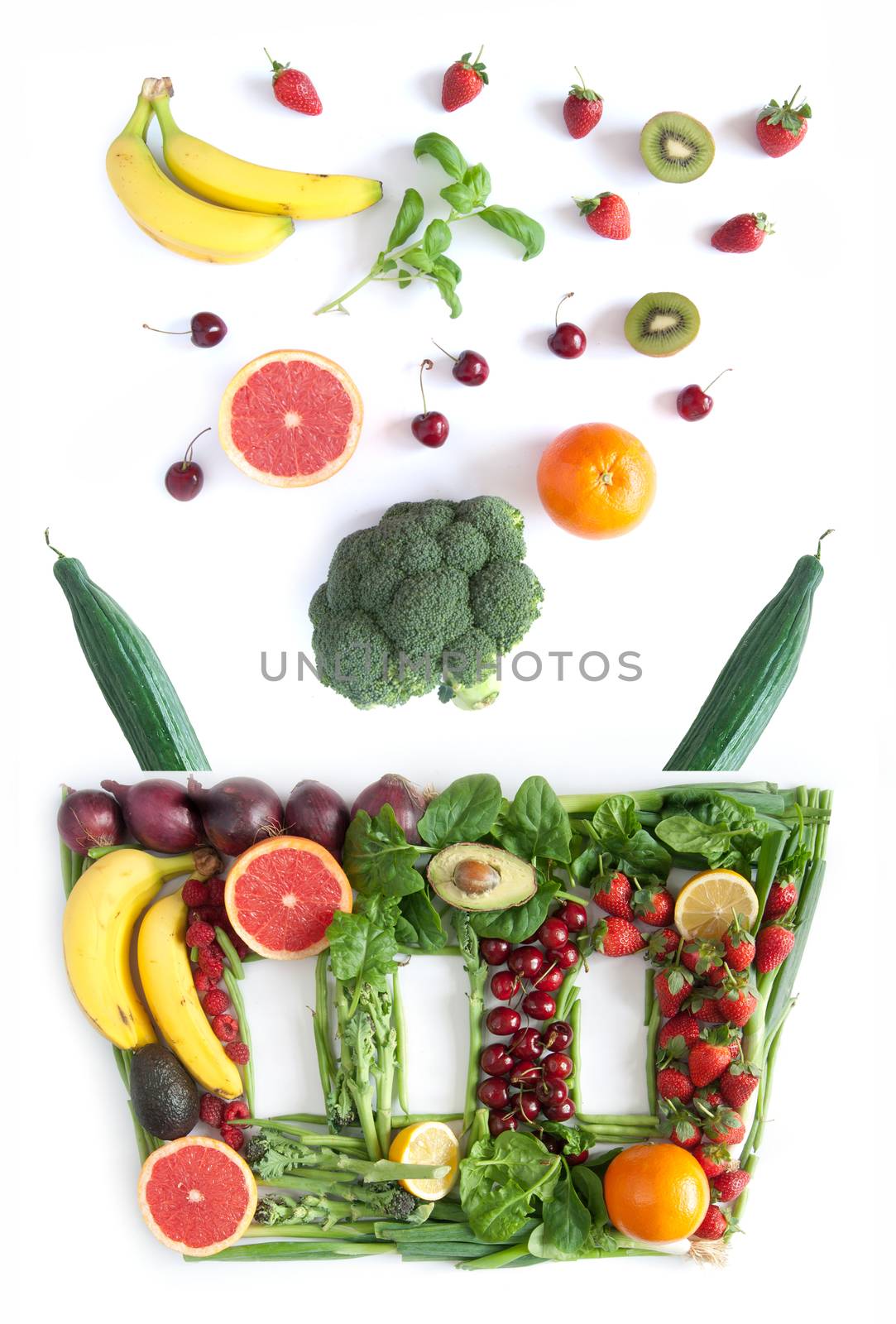 Food falling into a grocery basket made of food over a white background 