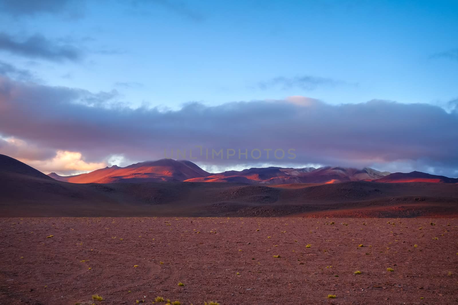 sunset on altiplano mountains in sud Lipez reserva Eduardo Avaroa, Bolivia