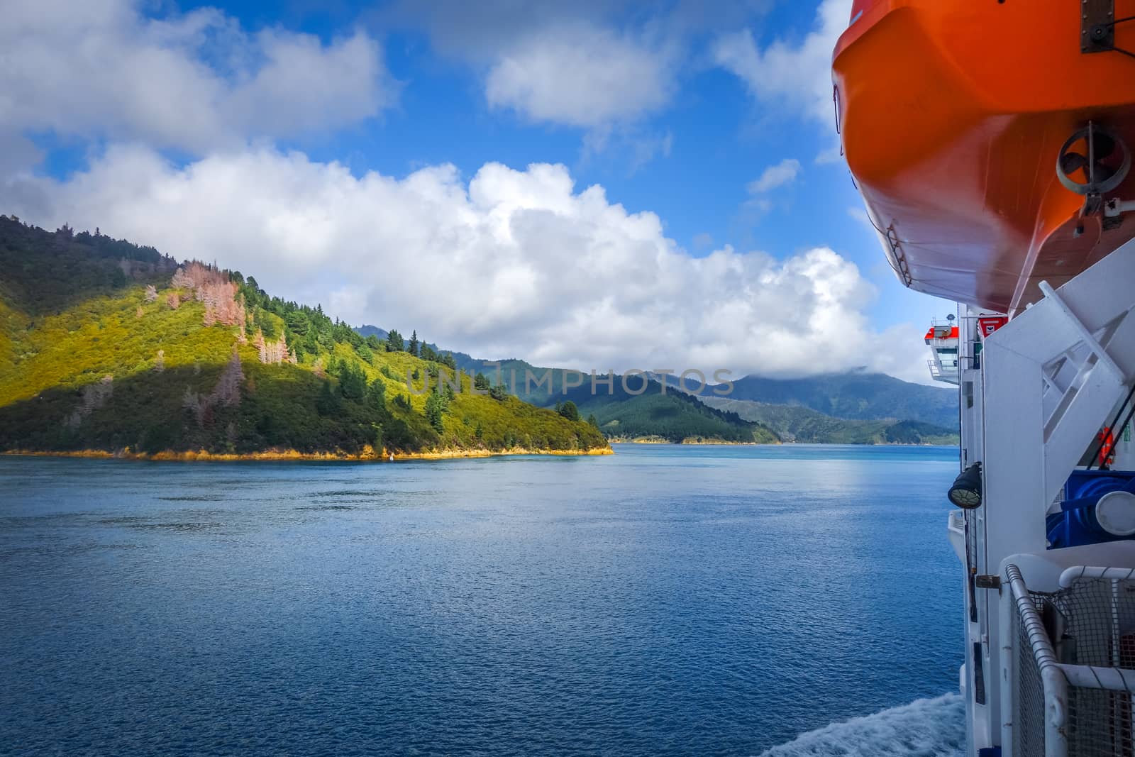 Marlborough Sounds view from a ferry and lifeboat, New Zealand