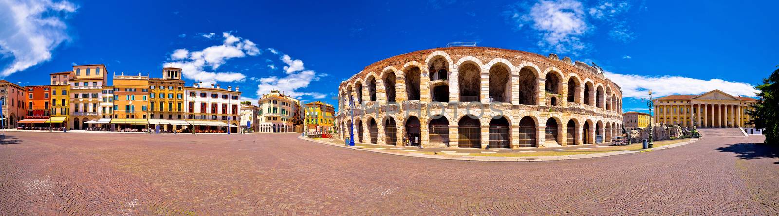 Roman amphitheatre Arena di Verona and Piazza Bra square panoramic view, landmark in Veneto region of Italy