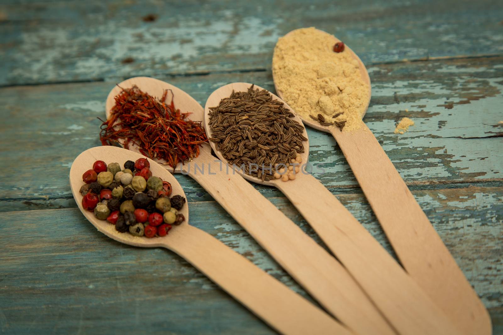 Saffron, pepper, cumin and mustard in a wooden spoons