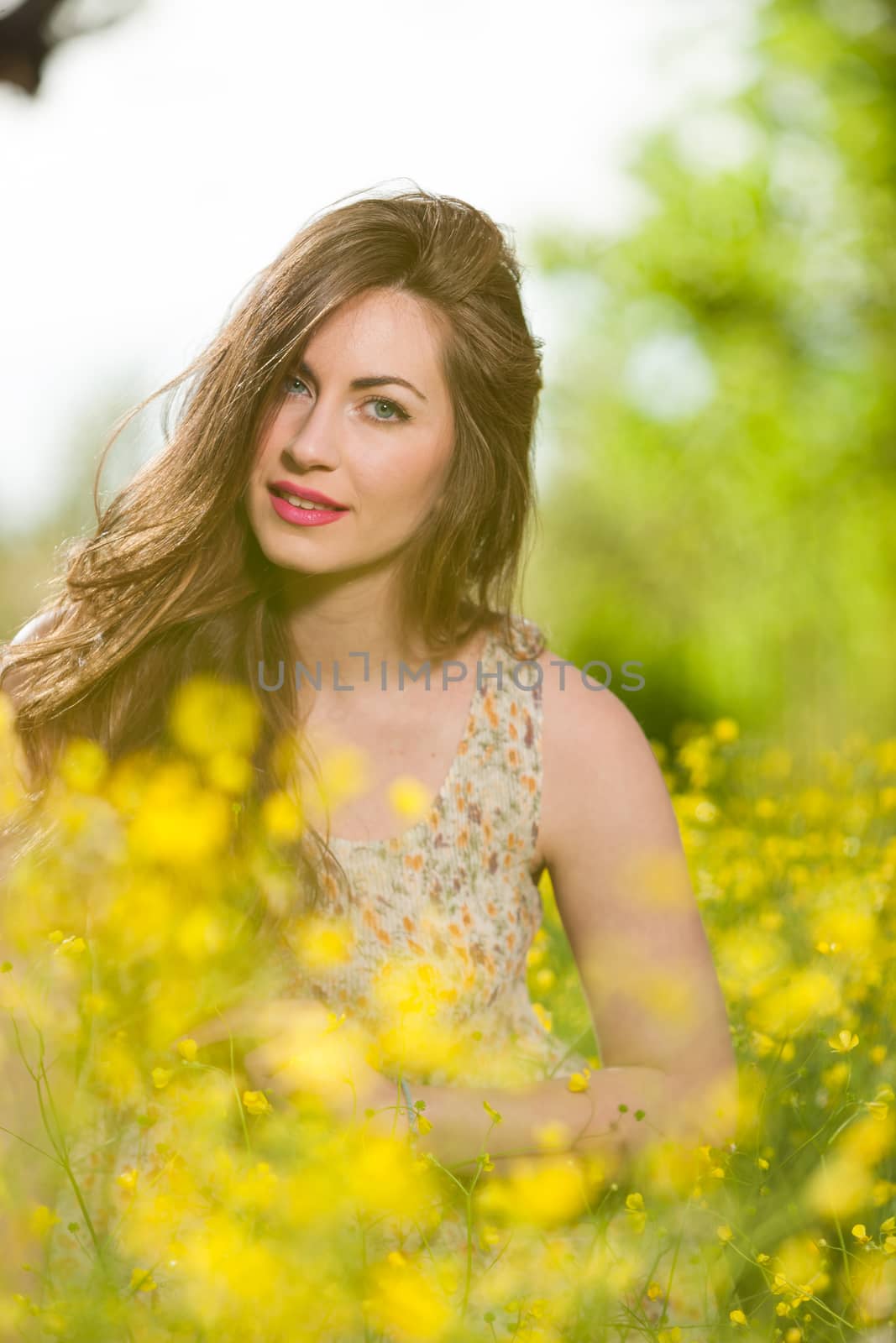 portrait of a beautiful young girl among yellow flowers in the nature