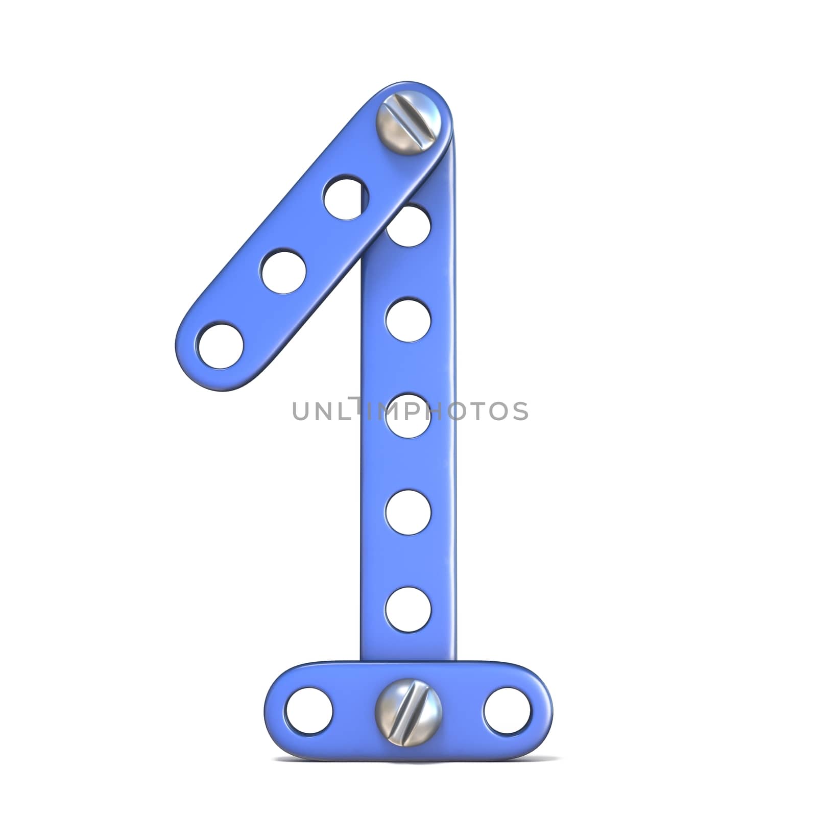 Blue metal constructor toy Number 1 ONE 3D render illustration isolated on white background