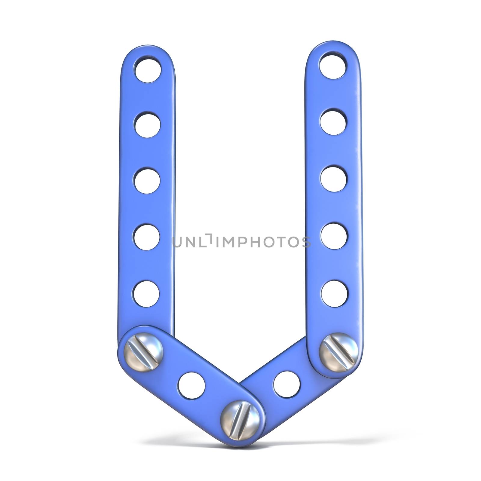 Alphabet made of blue metal constructor toy Letter V 3D render illustration isolated on white background