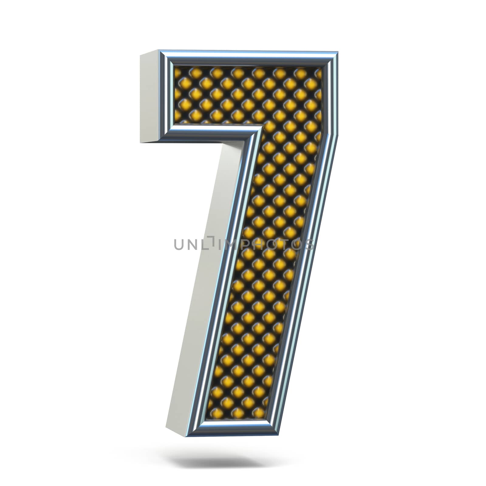 Chrome metal orange dotted font Number SEVEN 7 3D render illustration isolated on white background