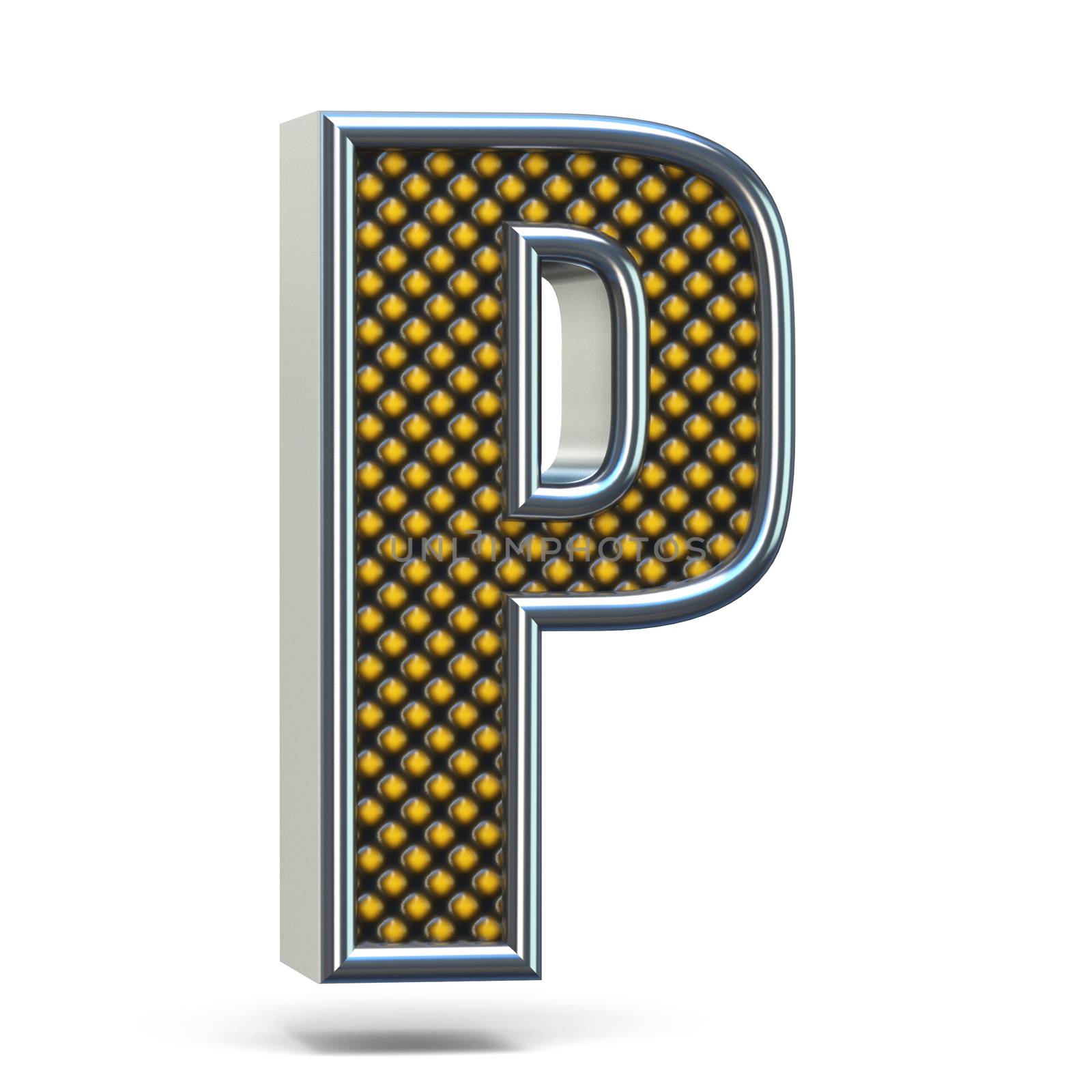 Chrome metal orange dotted font Letter P 3D render illustration isolated on white background