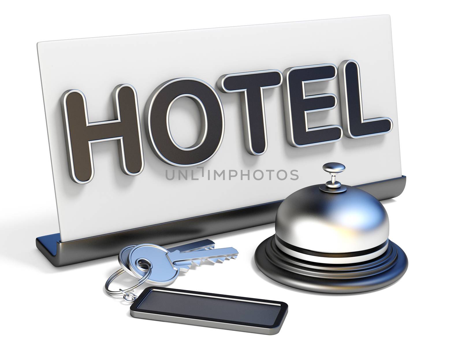 Hotel bell, sign and hotel keys 3D render illustration isolated on white background