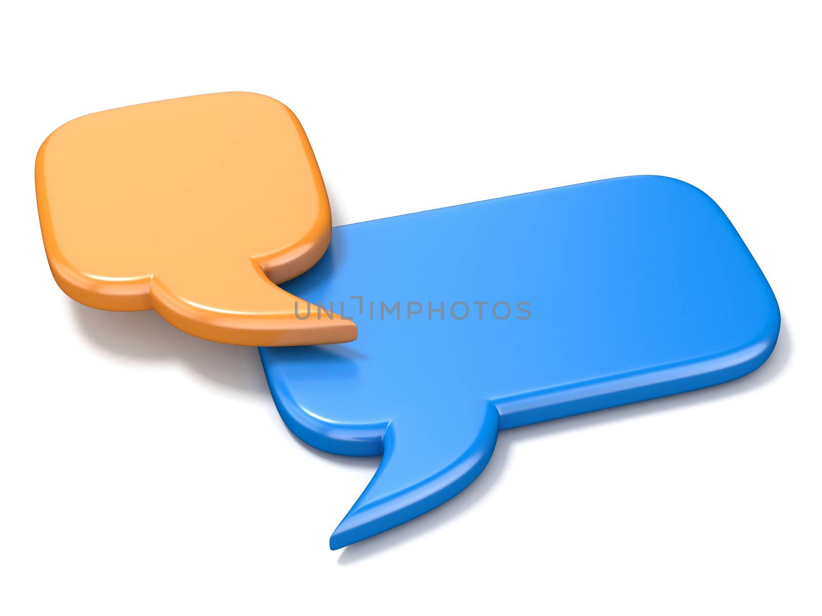 Orange and blue square blank speech bubbles 3D illustration isolated on white background