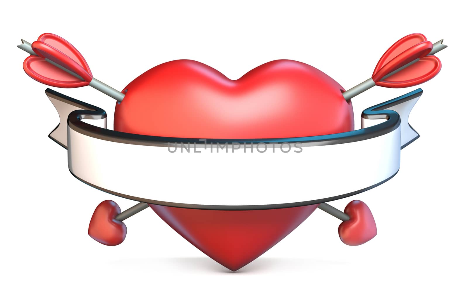 Heart pierced by arrow and blank ribbon Valentine's concept 3D render illustration isolated on white background