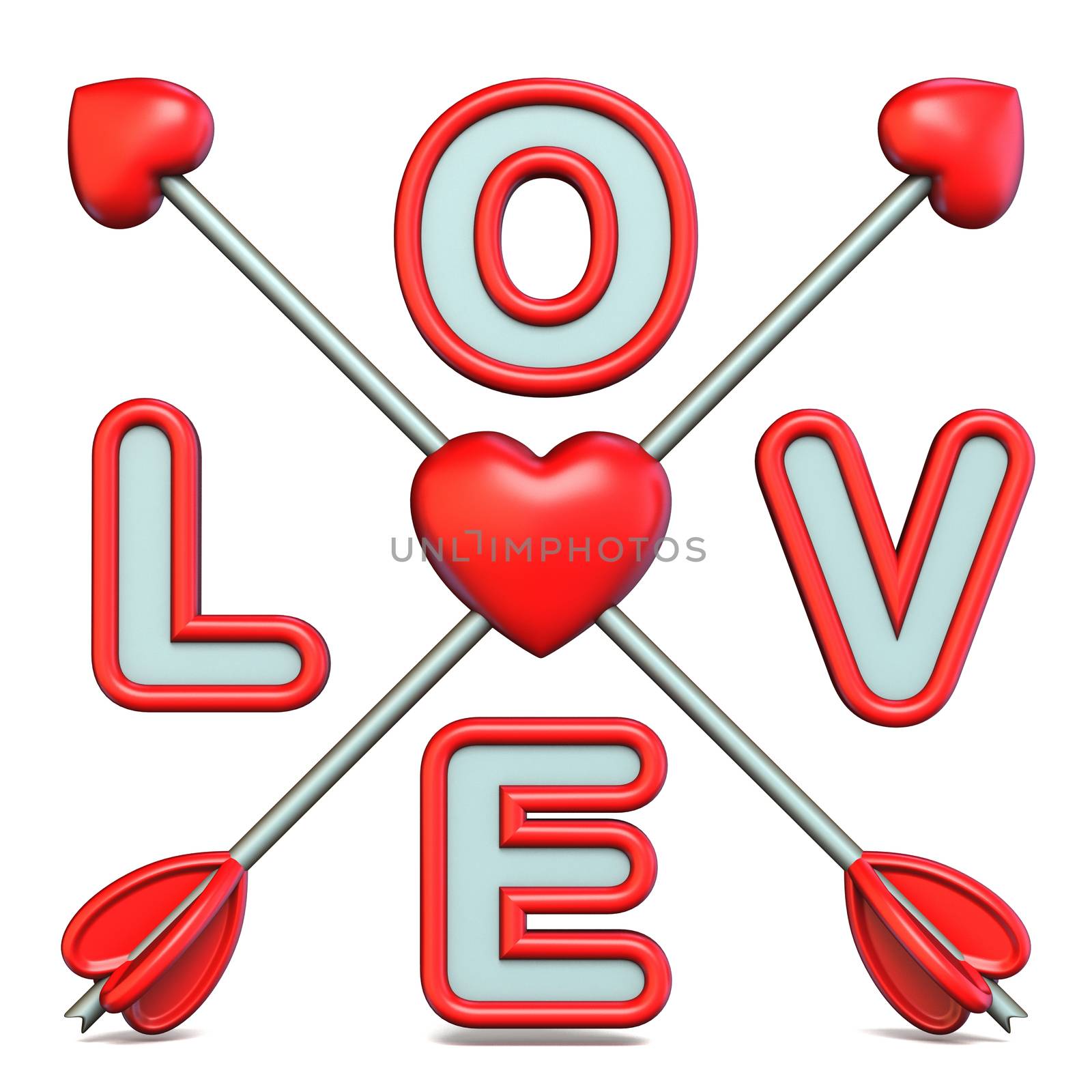 Love text with crossed Cupid's arrows 3D render illustration isolated on white background
