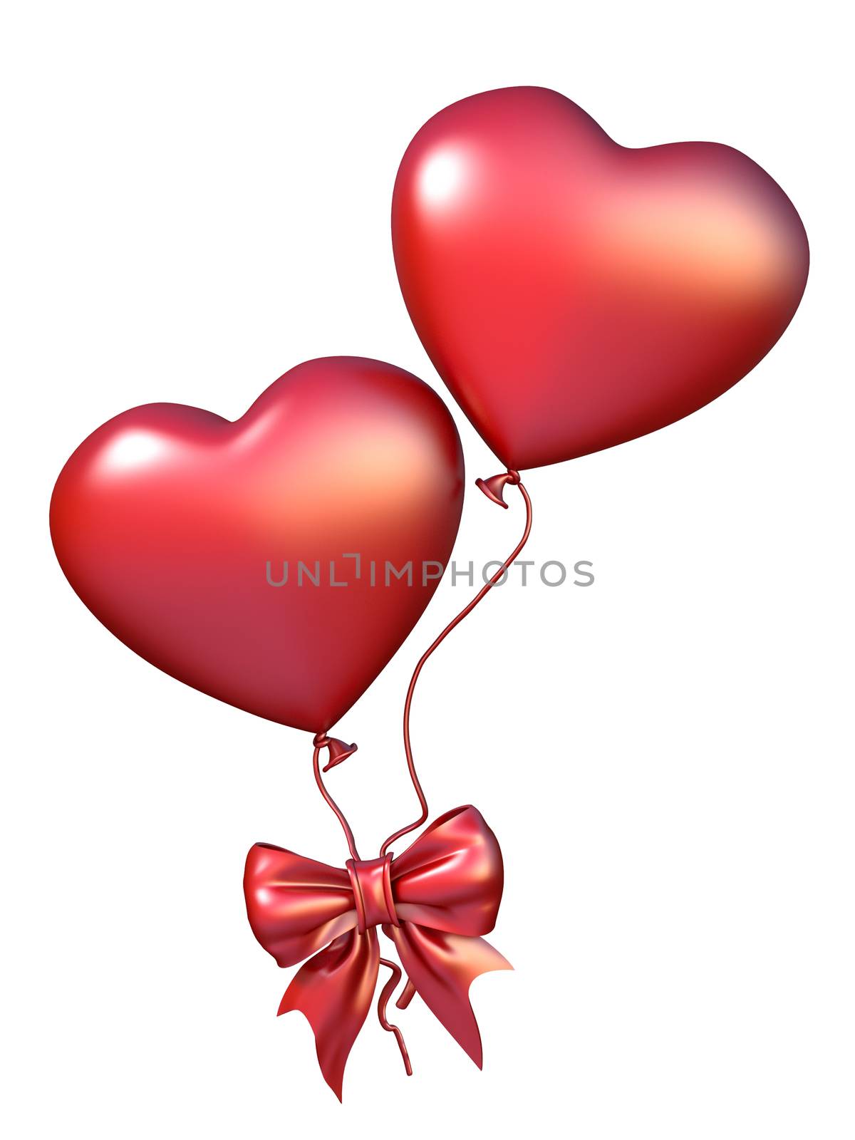 Two red heart shaped balloons with ribbon bow 3D render illustration isolated on white background