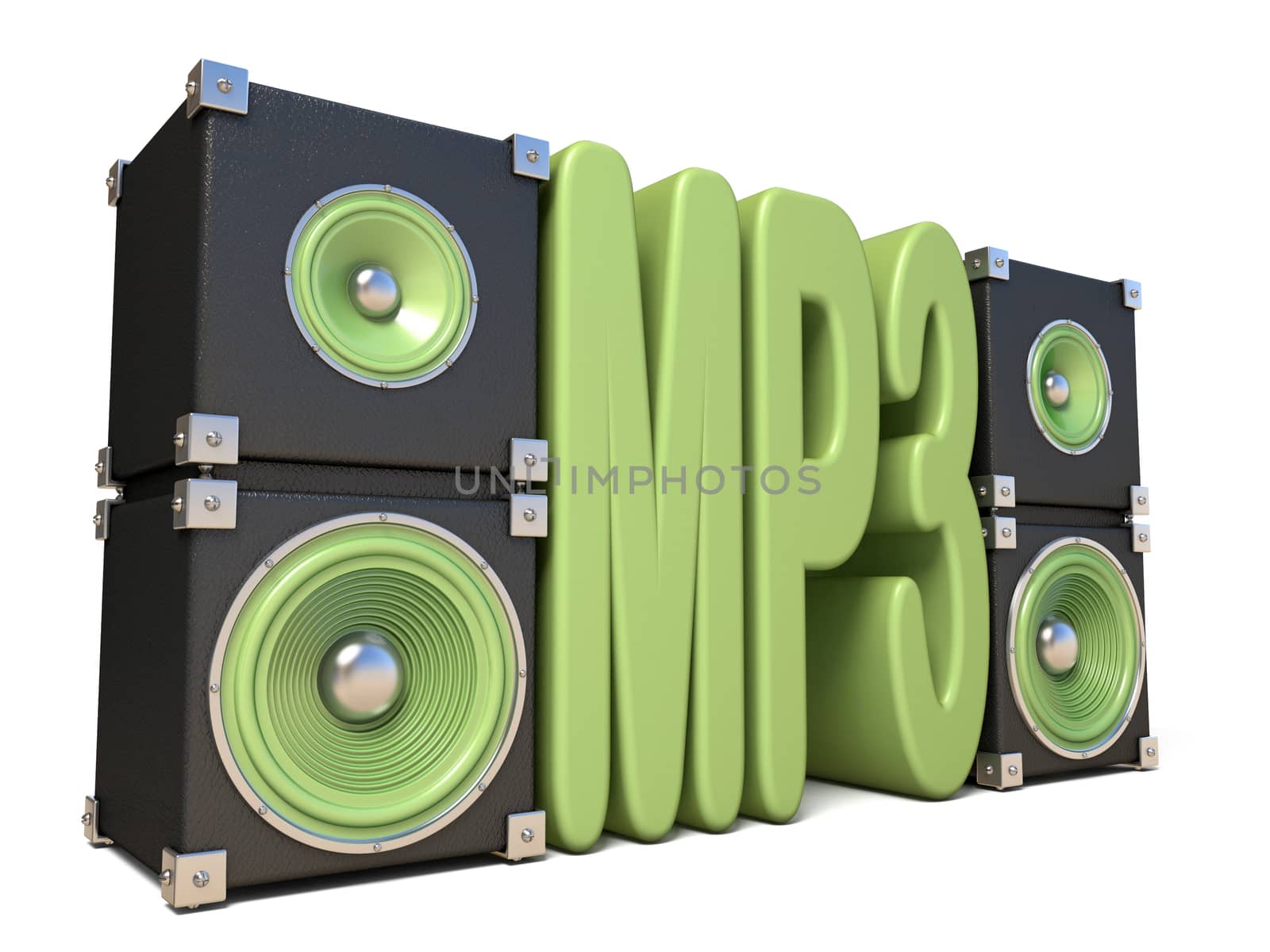 Two pairs of sound speakers MP3 3D render illustration isolated on white background.