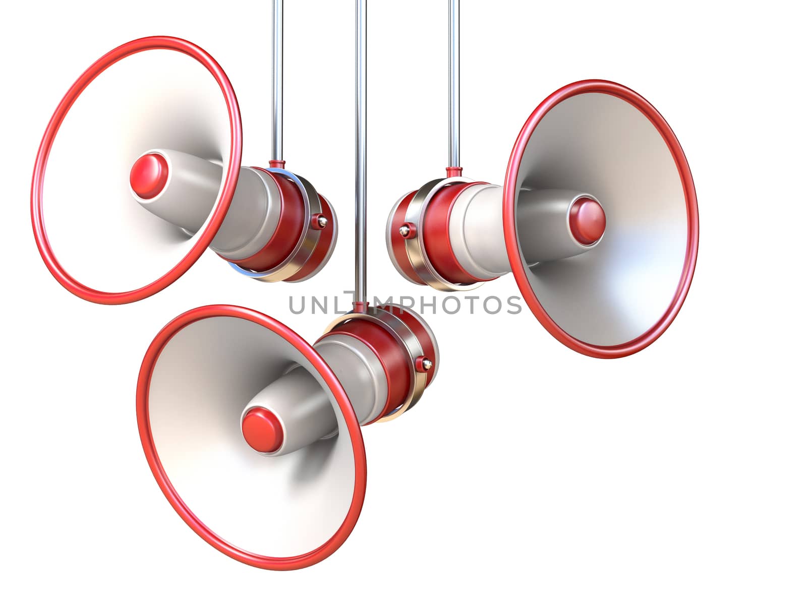 Three red and white megaphones 3D render illustration isolated on white background