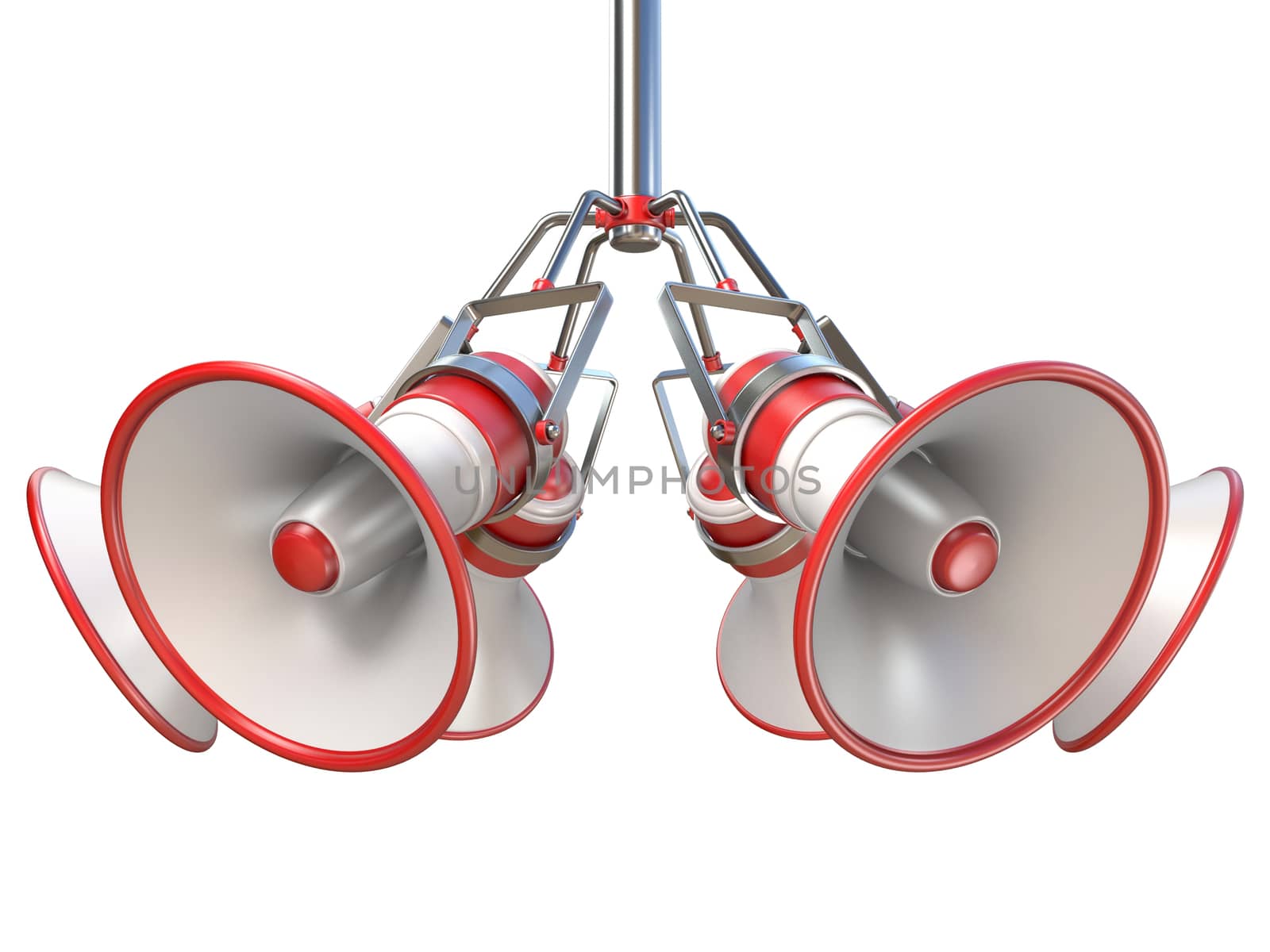 Red and white megaphones hanging 3D render illustration isolated on white background