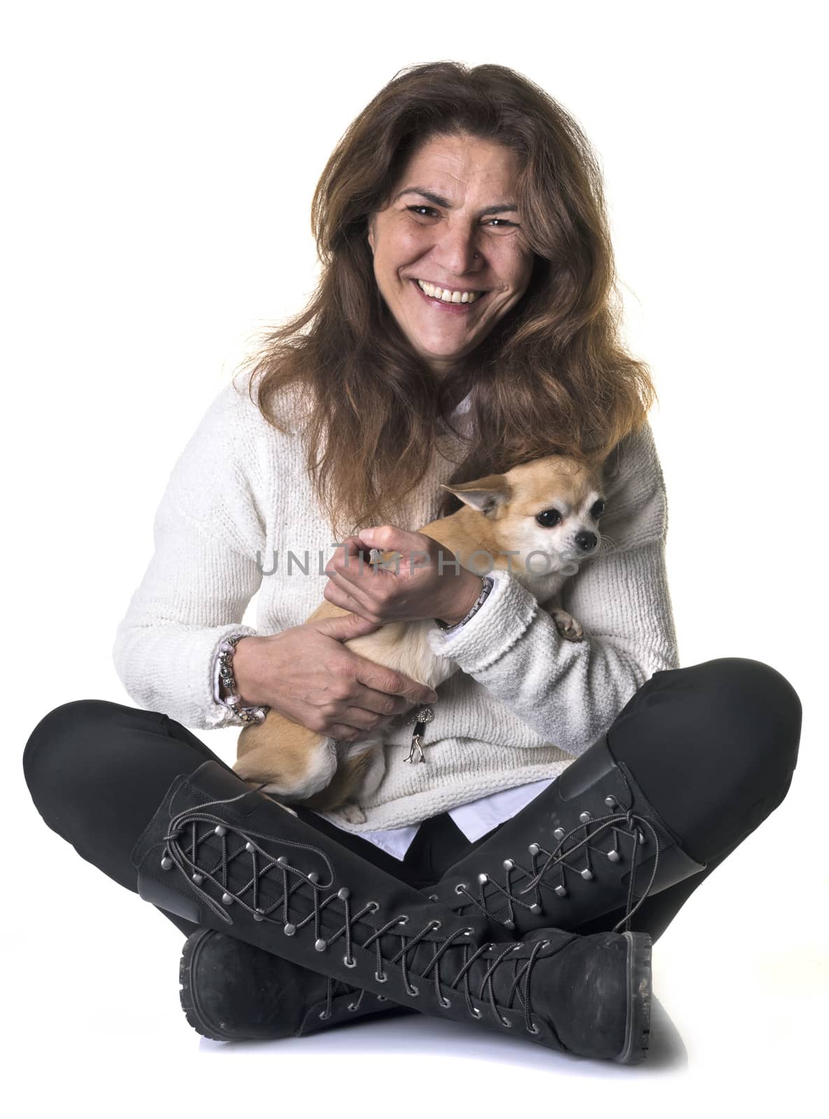 woman and chihuahua in front of white background