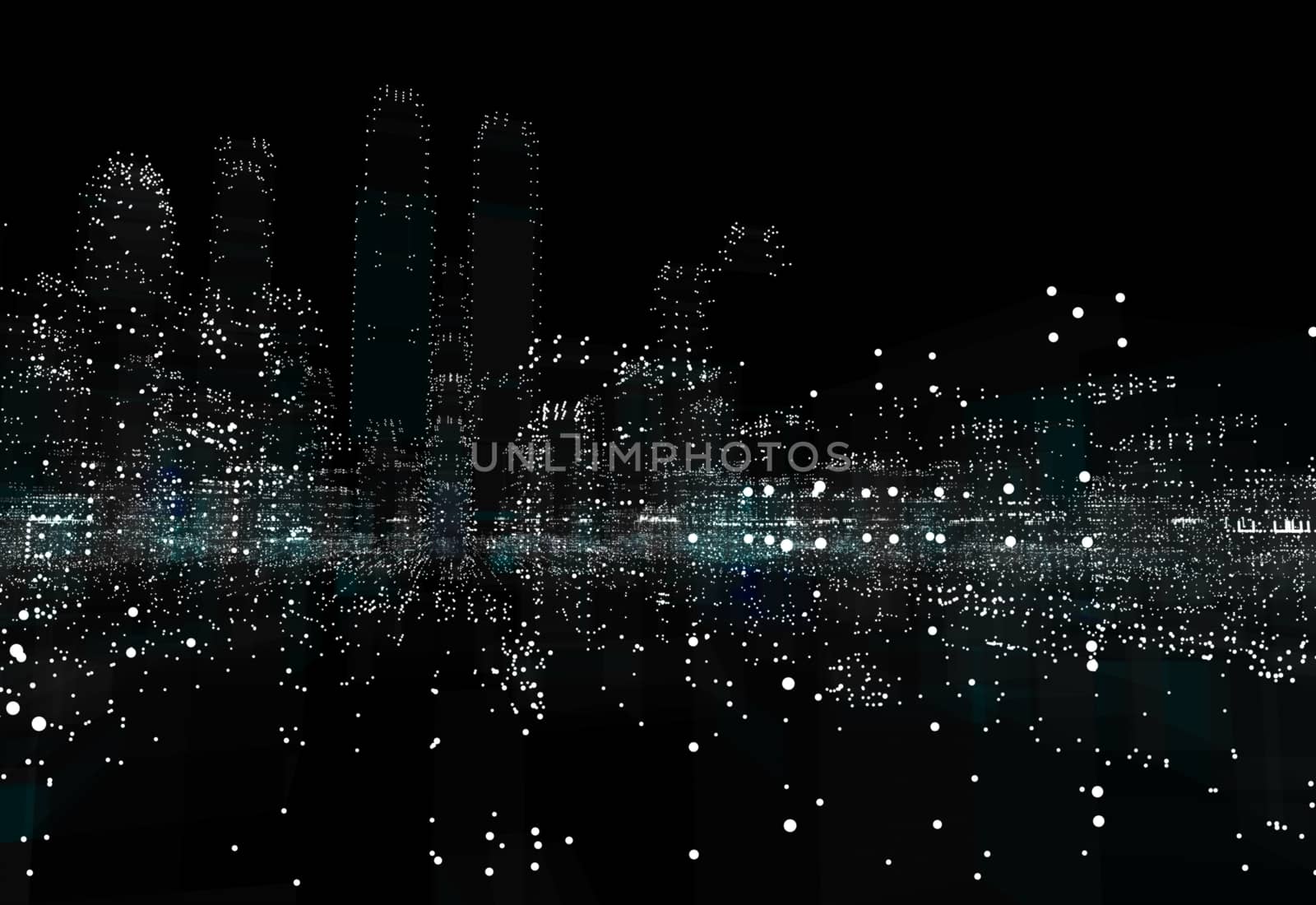 Illuminated night city skyline on black background. 3d illustration