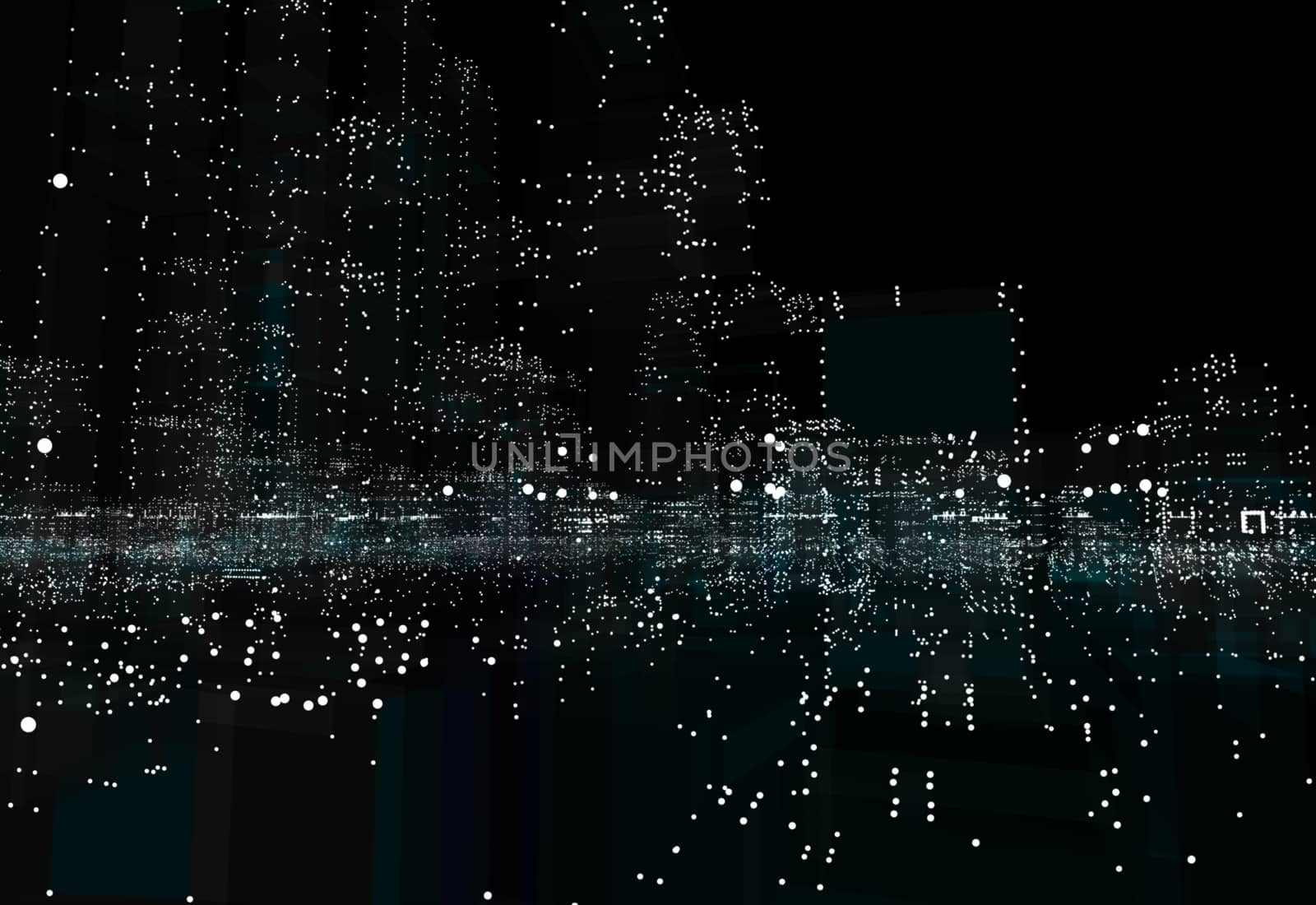 Illuminated night city skyline on black background. 3d illustration