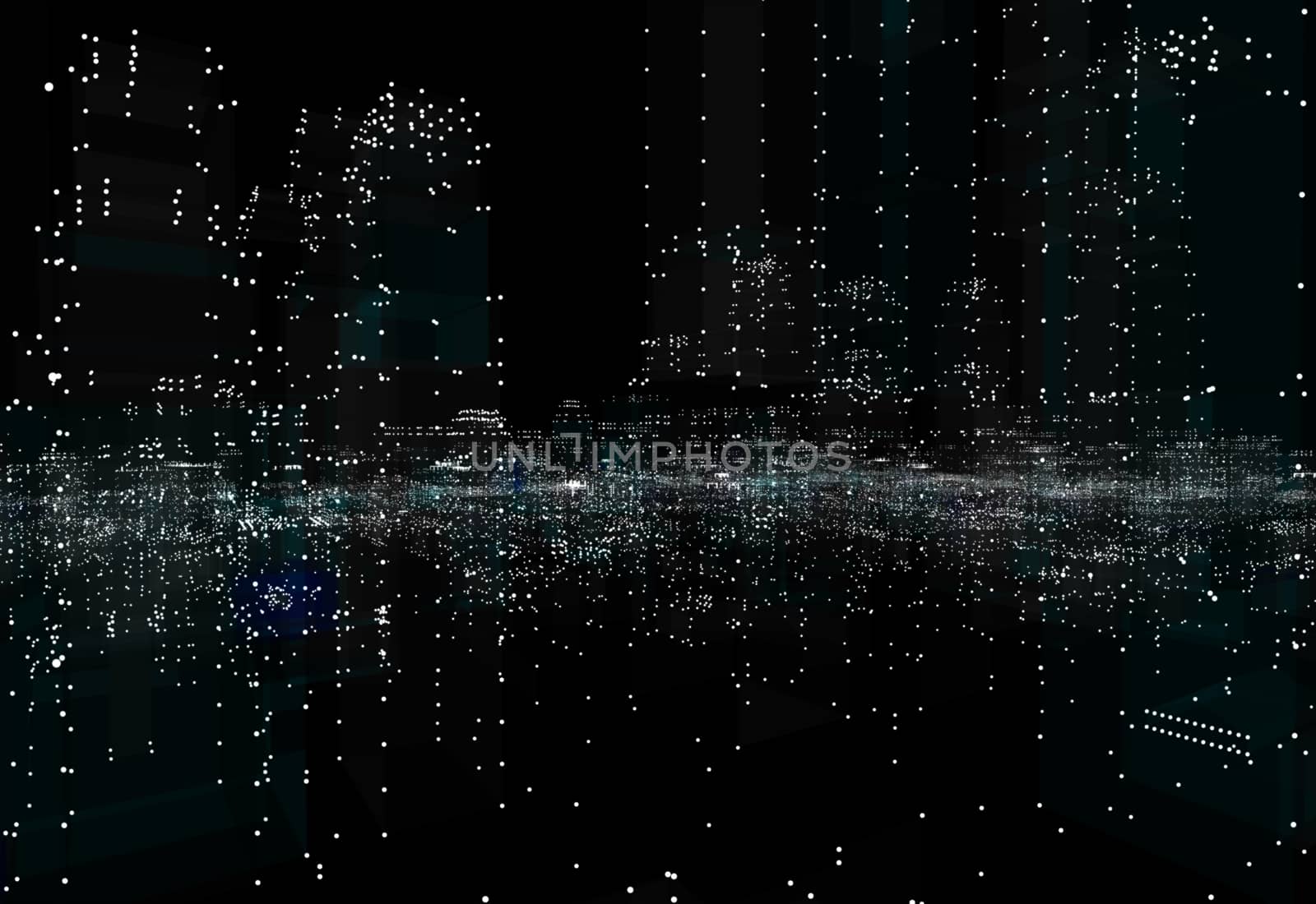 Illuminated night city skyline on black background. 3d illustration