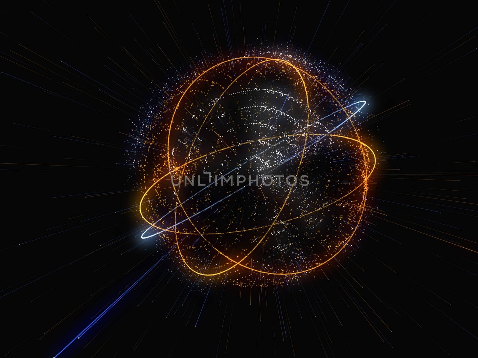 Abstract Connected Bright Dots On Dark Background. Technology Concept. 3D Illustration