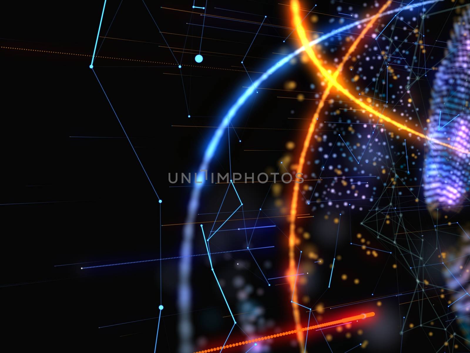Abstract Connected Bright Dots On Dark Background. Technology Concept. 3D Illustration