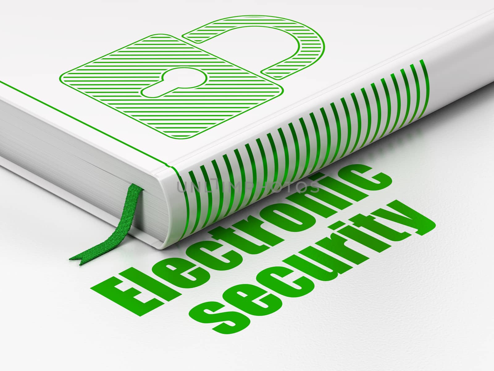 Security concept: closed book with Green Closed Padlock icon and text Electronic Security on floor, white background, 3D rendering