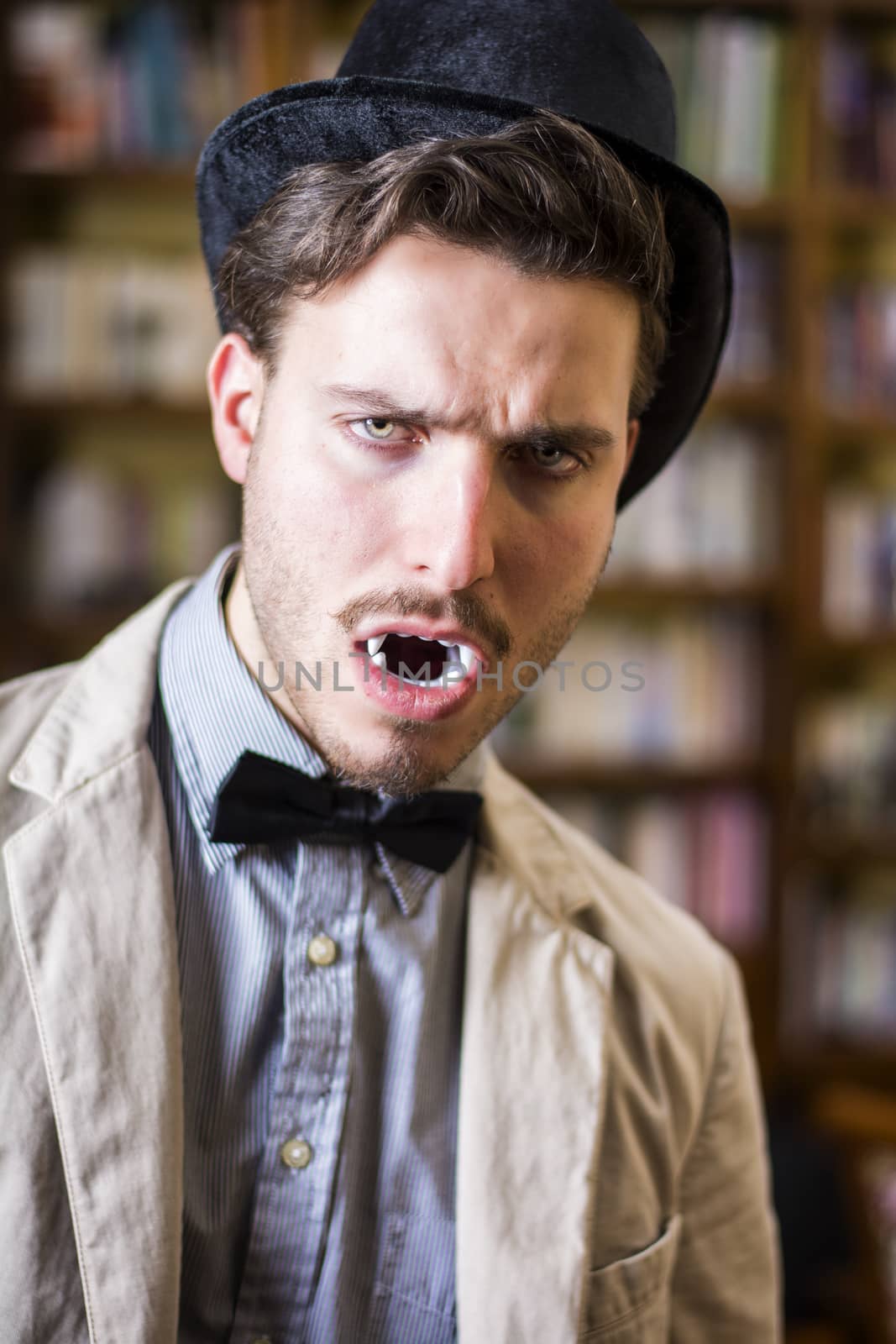 Close up Young Handsome White Vampire with Black Top Hat by artofphoto