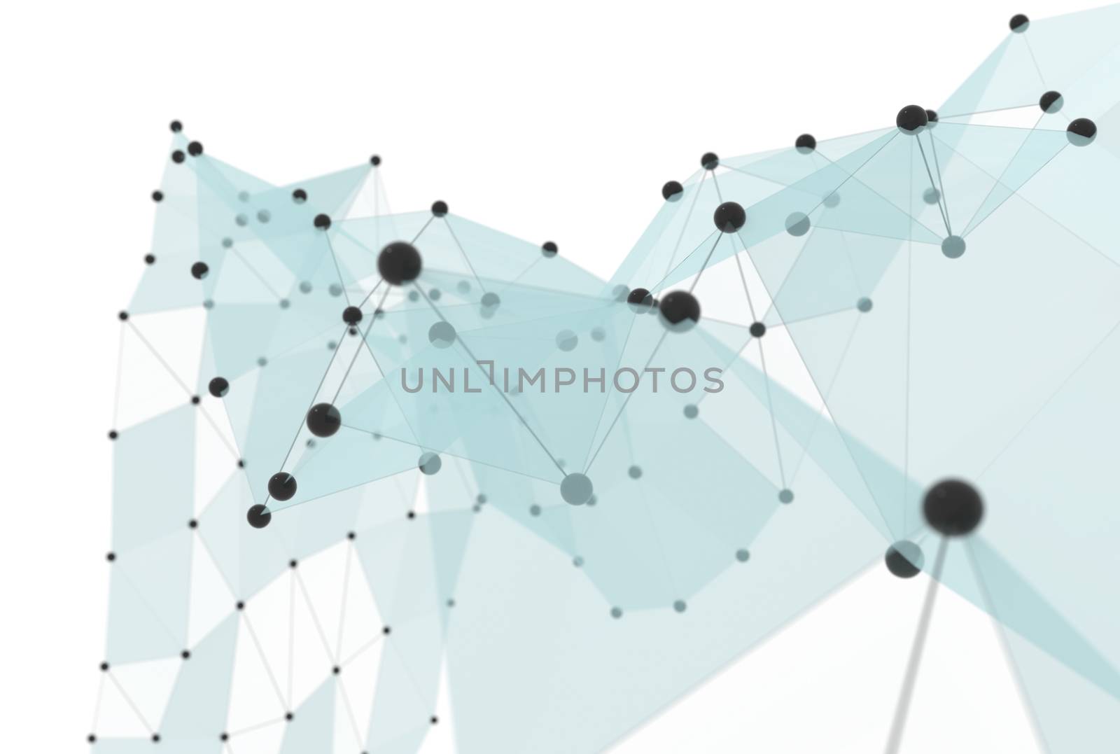 Creative social network. The black points are connected by lines and blue transparent triangles. 3d illustration