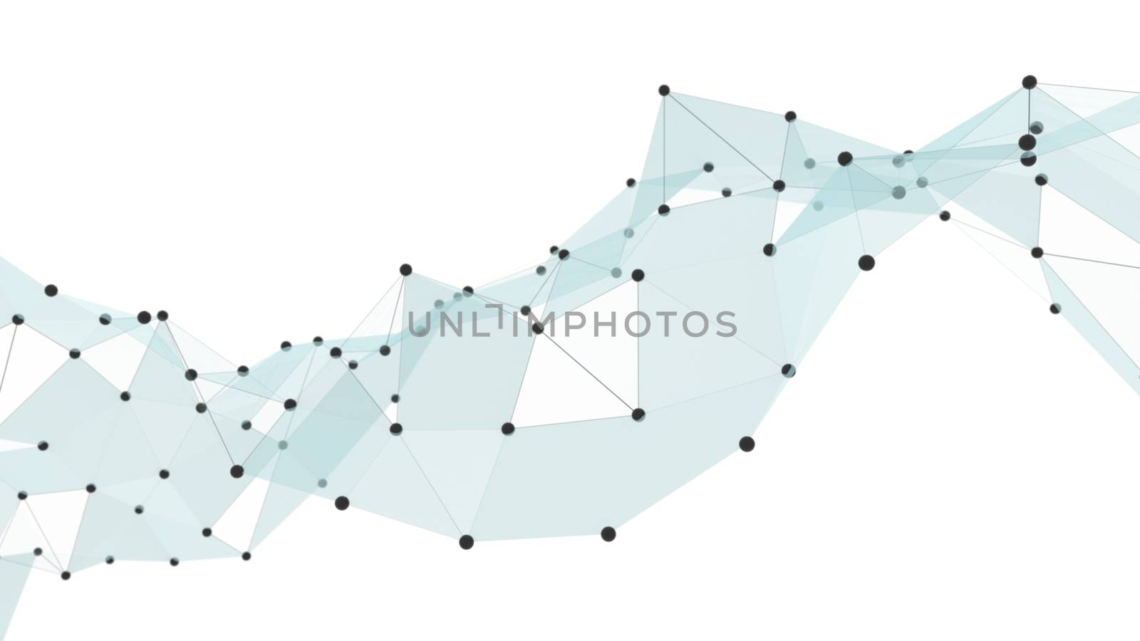 Creative social network. The black points are connected by lines and blue transparent triangles. 3d illustration