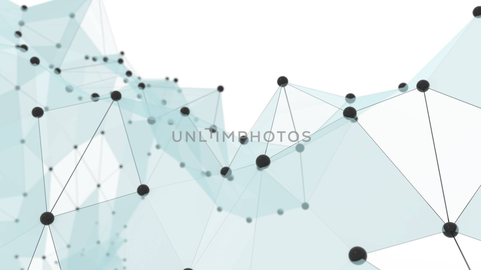 Creative social network. The black points are connected by lines and blue transparent triangles. 3d illustration